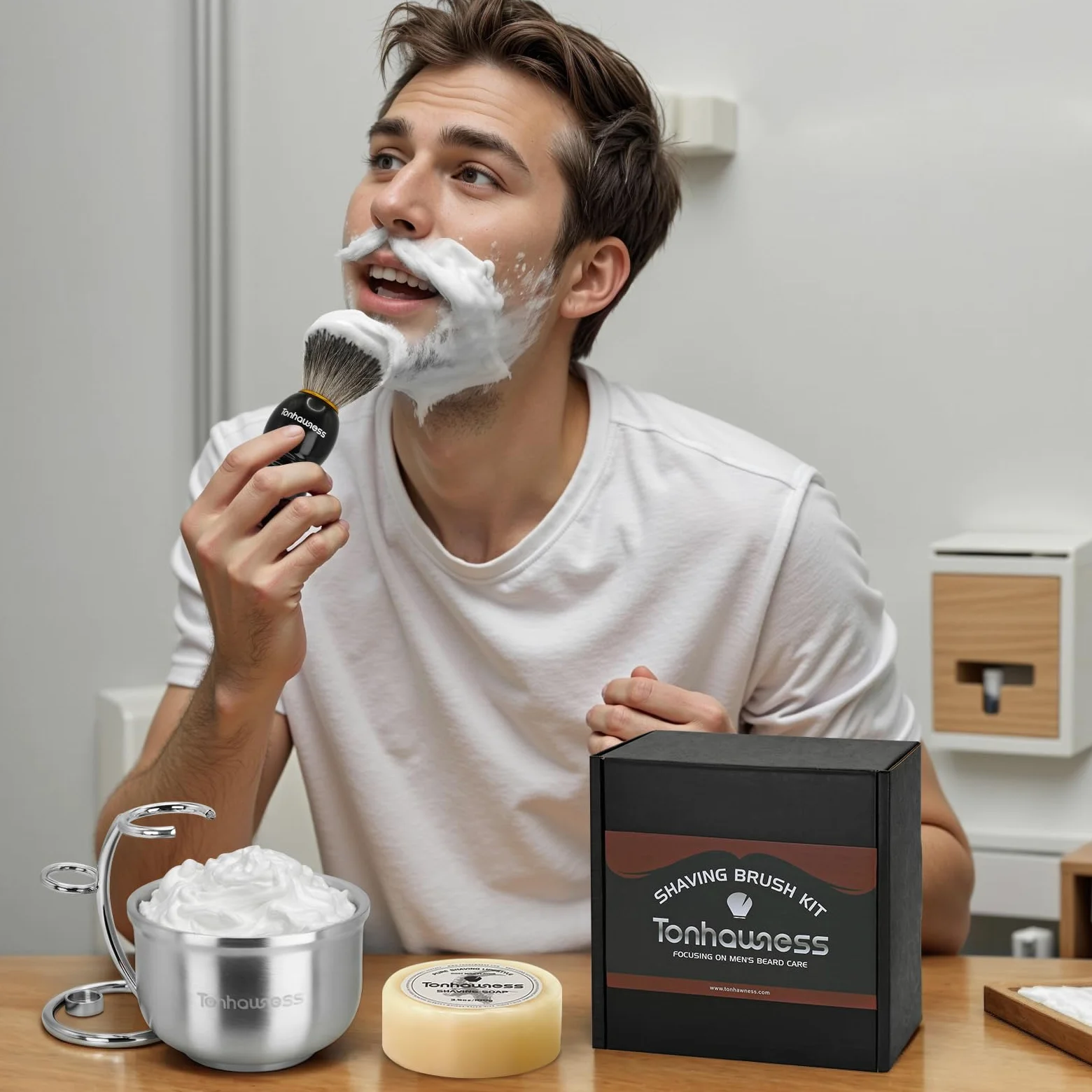 Kit de brochas de afeitar para hombre, juego de brochas de afeitar 4 en 1, incluye cepillo de afeitar de pelo de tejón, cuenco de afeitar de acero inoxidable, soporte de afeitado y jabón