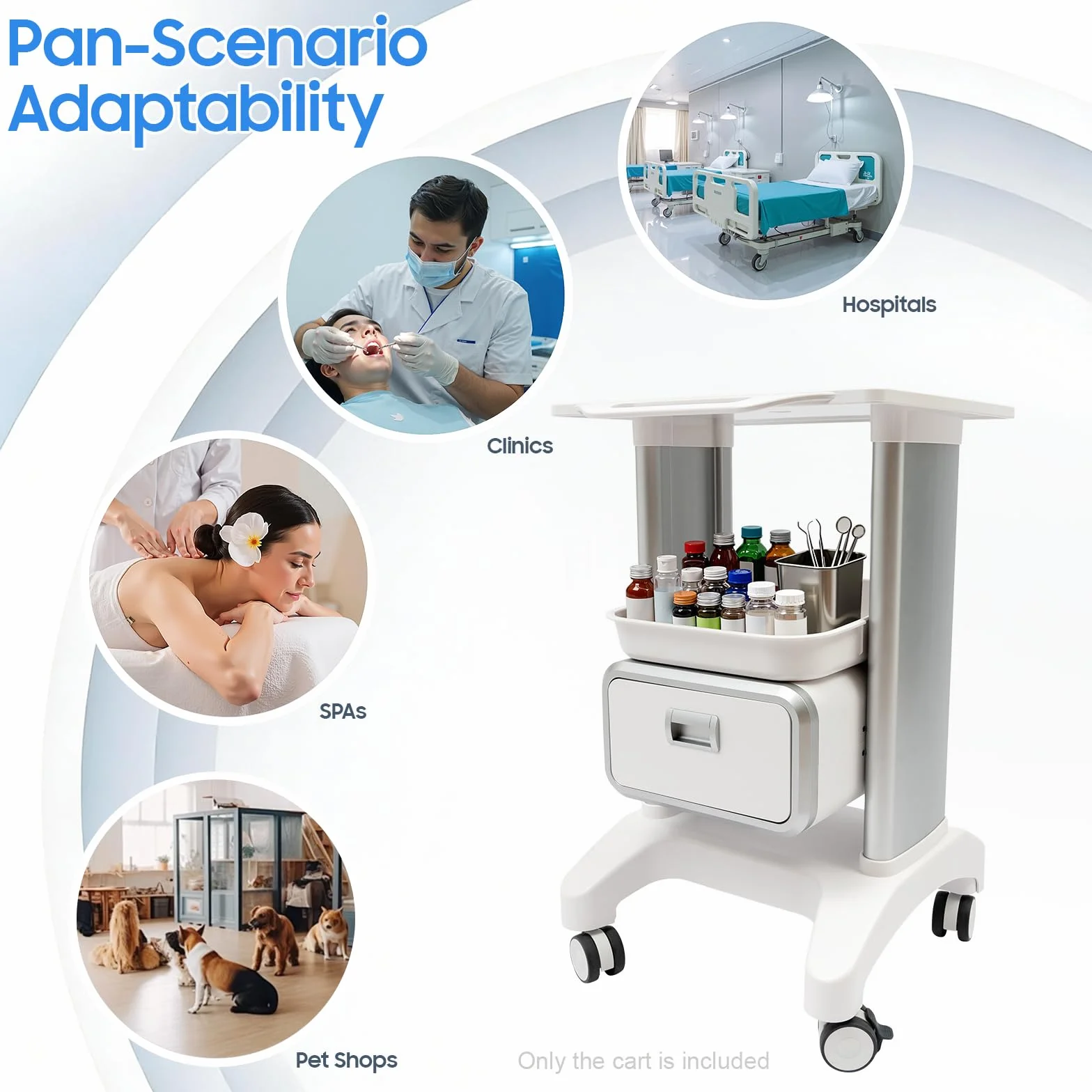 Carro de laboratorio ABS 100 kg capacidad, 1 cajón, estante superior, multifuncional