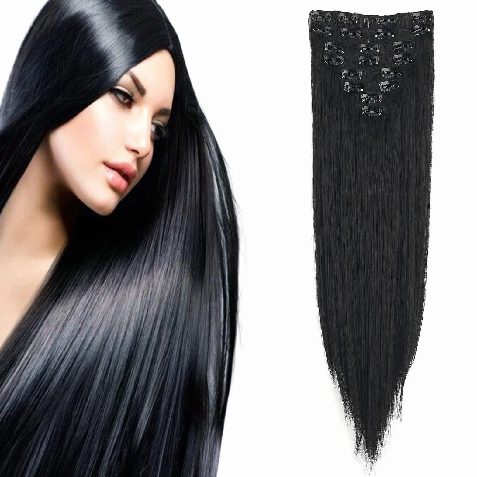 Extensiones de Pelo Natural Liso 60cm 8 Piezas Cabello Postizo Sintético Largo para Mujer Negro