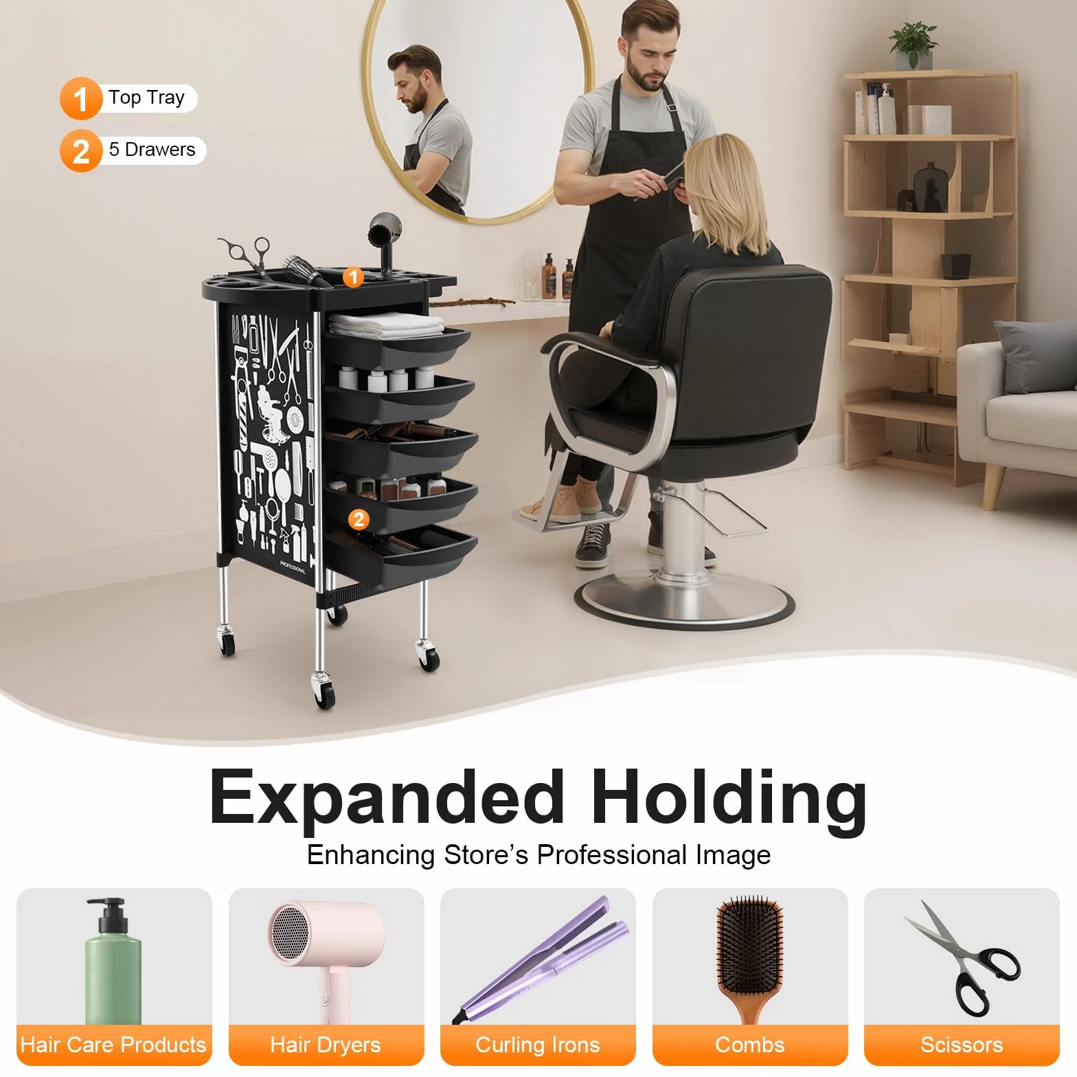 Carrito de salón 5 cajones con ruedas para estilista peluquería spa 20 kg negro
