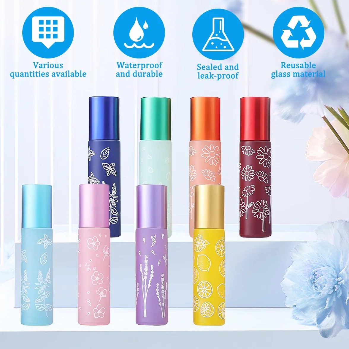 Botellas Roll on Aceites Esenciales 10ml 8 Colores Frascos Cristal con Bola de Acero Inoxidable Rellenable para Perfume