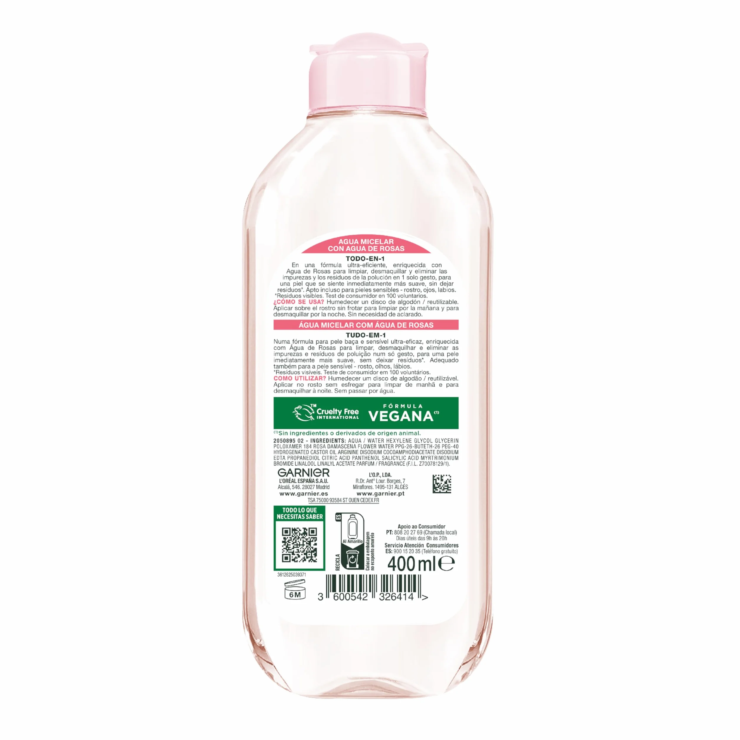 GARNIER Skin Active Agua Micelar Agua de Rosas 400ml Desmaquillante Limpiador Iluminador