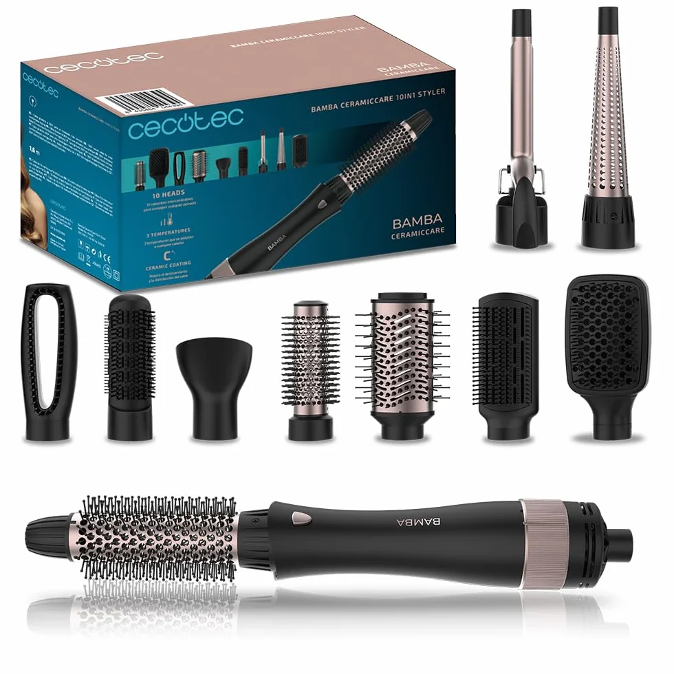 Cecotec Cepillo de Aire 10 en 1 Bamba CeramicCare 10in1 Styler, 1000 W, 10 Cabezales, 3 Temperaturas, 2 Velocidades, Cerámica, Aire Frío
