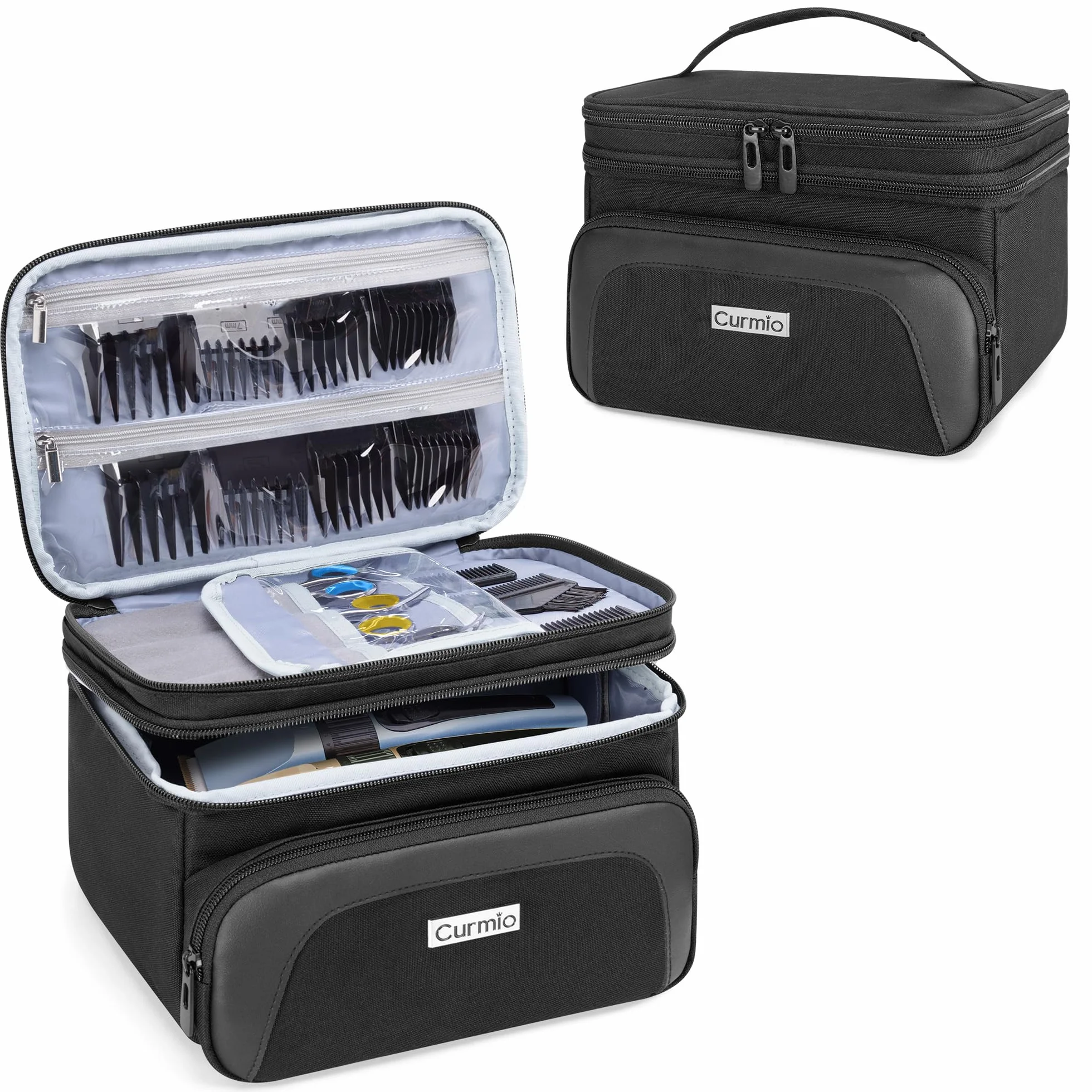 CURMIO Maletín Profesional 2 Niveles para Cortapelos, Organizador Portátil Compatible con Hatteker/Wahl/Oster/Andis Máquinas y Accesorios Barbería, Solo Bolsa, Negro