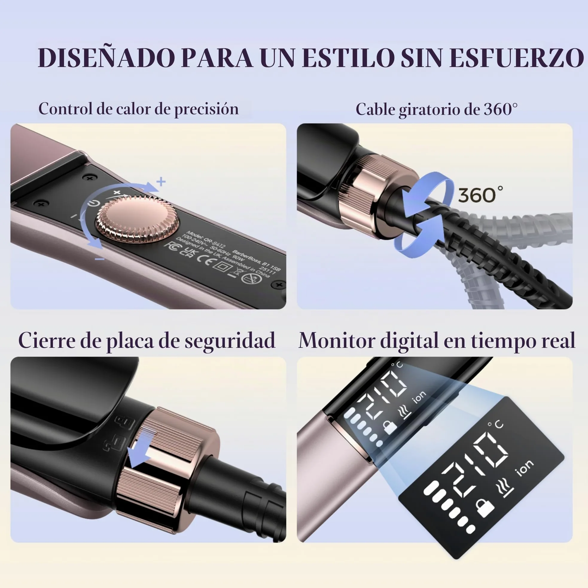 BarberBoss - Plancha de cerámica con placas flotantes, tratamiento iónico y queratina para todo tipo de cabello, pantalla LED de temperatura, plancha de pelo profesional (QR-8412, rosa)