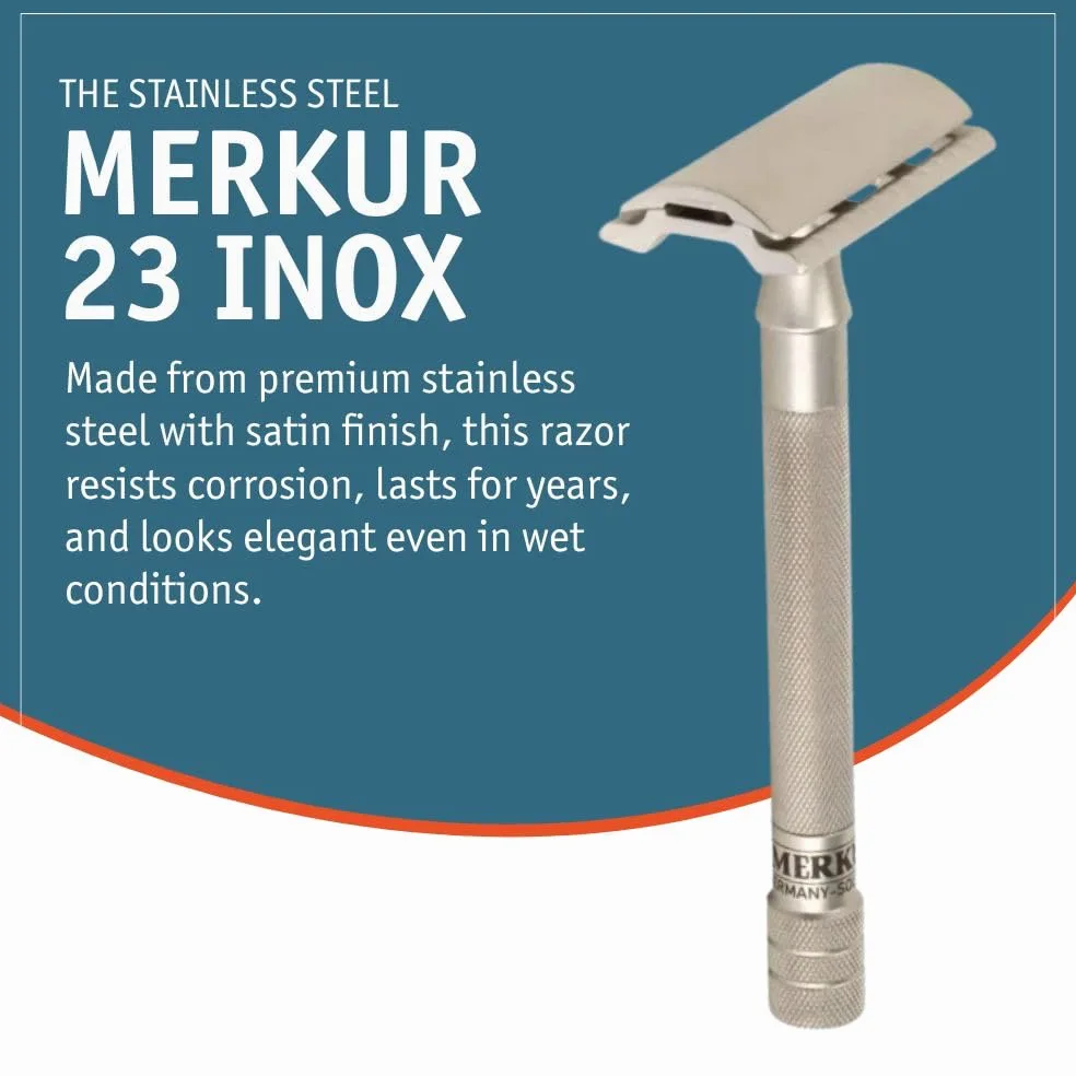 MERKUR Navaja de acero inoxidable 23 inox, mate sedoso, maquinilla de afeitar de corte recto premium de tres piezas, peine cerrado, ideal para afeitado en húmedo, fabricada en Alemania