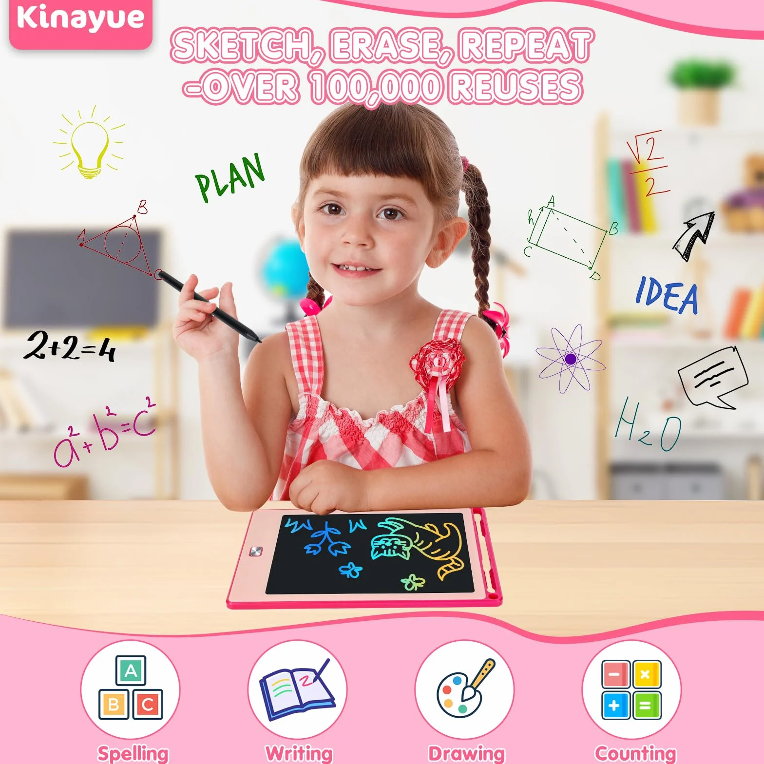 Tableta Escritura Niños LCD 8,5 Pulgadas, Tablet Dibujo Reutilizable, Juguete Educativo Rosa
