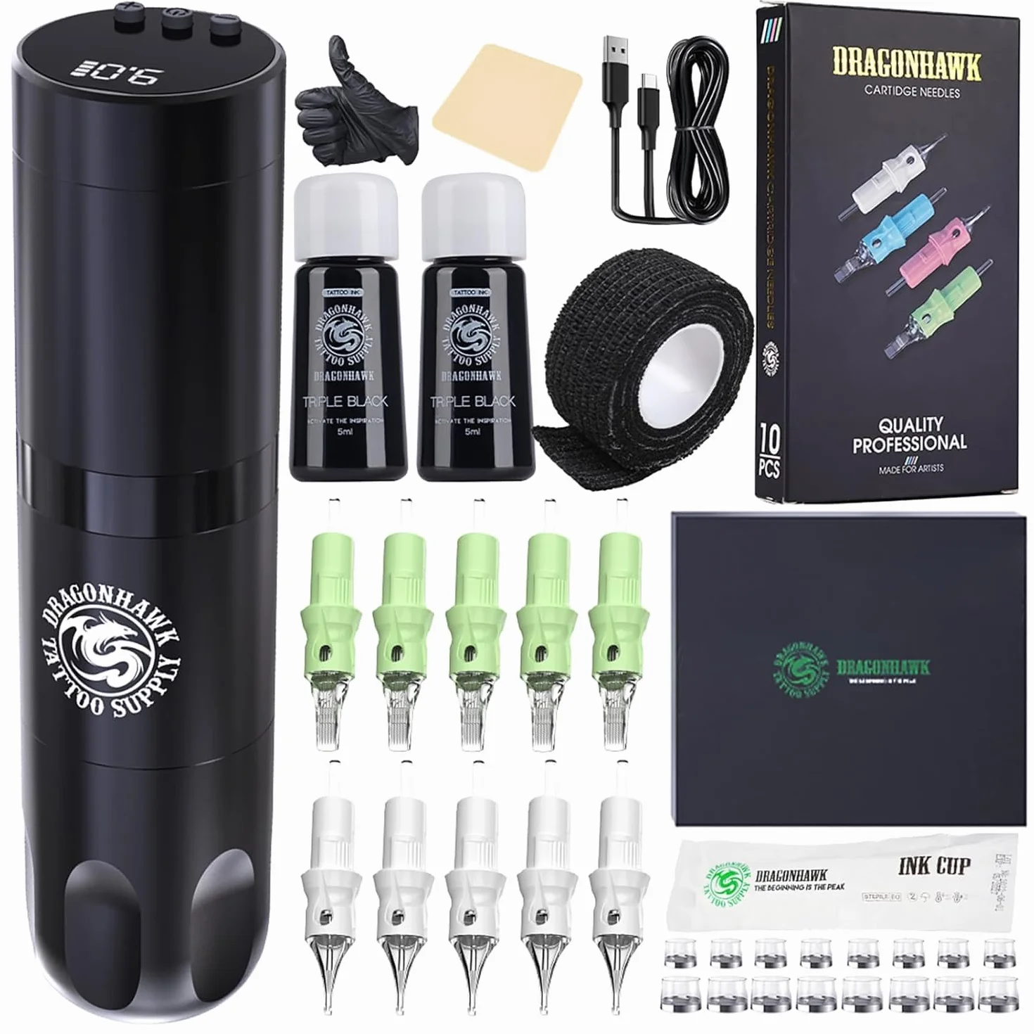Dragonhawk kit tatuaje Completo X3 Máquina de tatuar rotativa Batería Tattoo Gun Inalámbrica Batería 1500mah agujas tatuaje de principiante