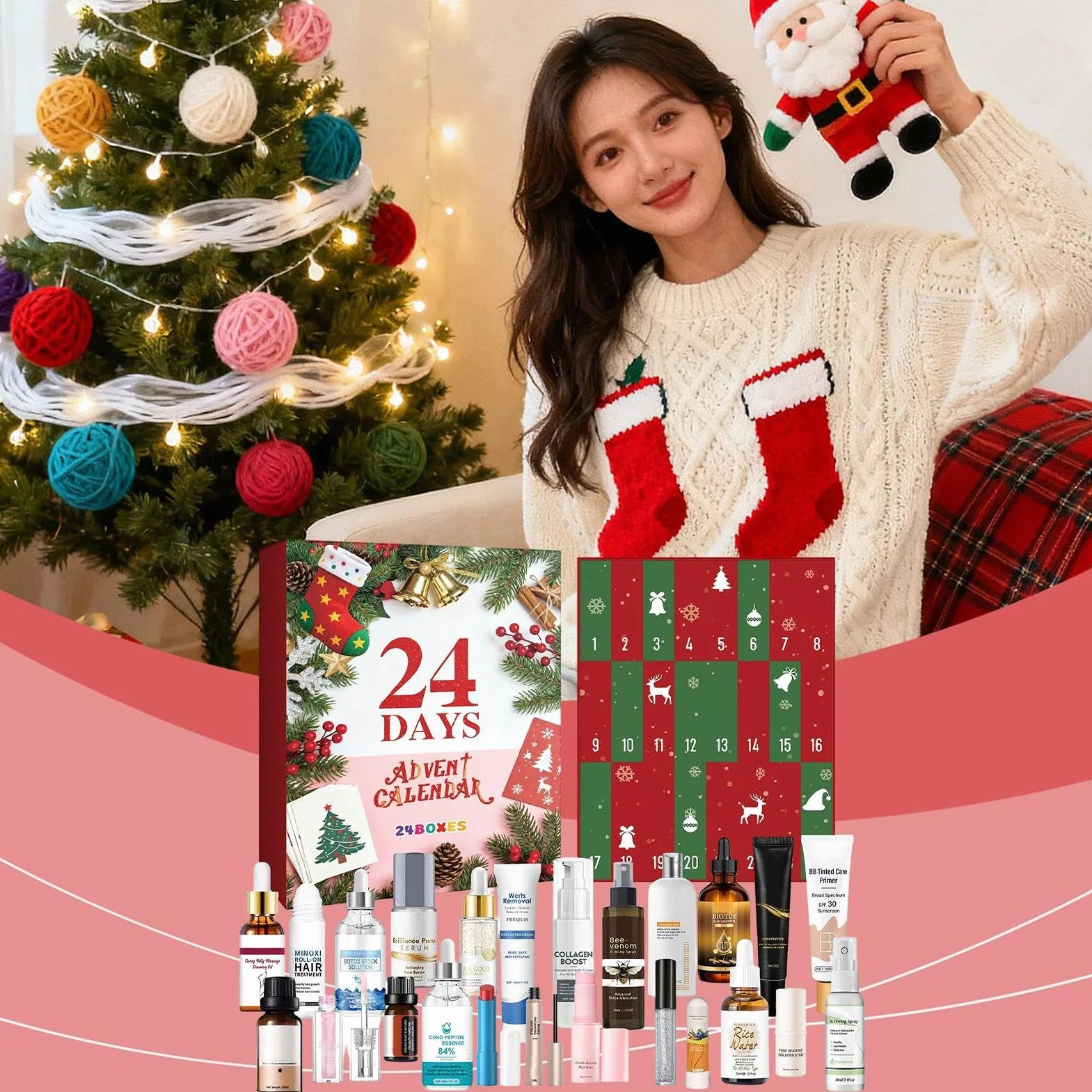 Calendario de Adviento de belleza, calendario de cuenta regresiva de Navidad con 24 cuadrículas para el cuidado de la piel, relleno de calcetines, maquillaje para mujeres, niñas, adolescentes