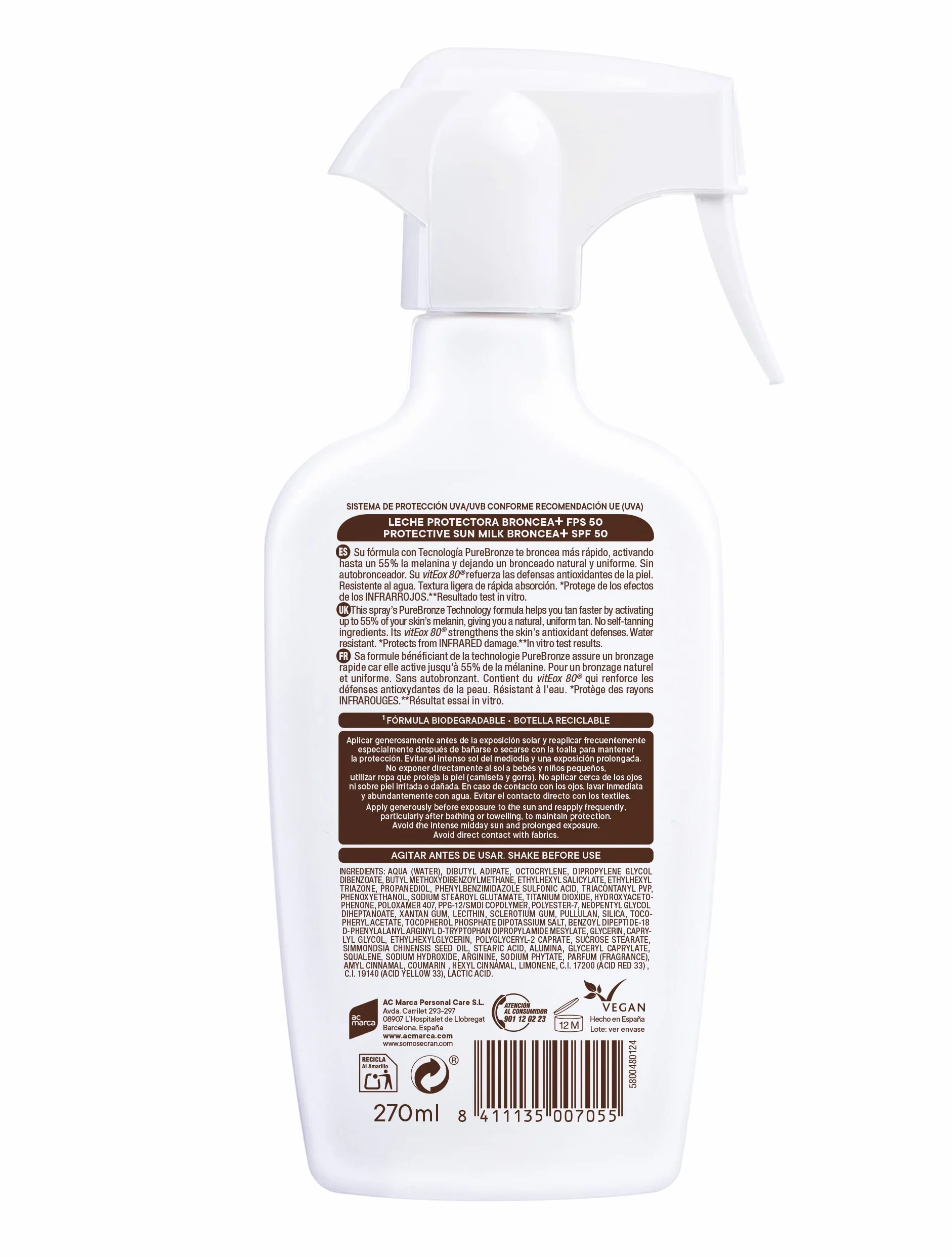 Ecran Sunnique Leche Protectora Solar SPF 50 Spray Protección Alta UVB UVA IR-A 270 ml