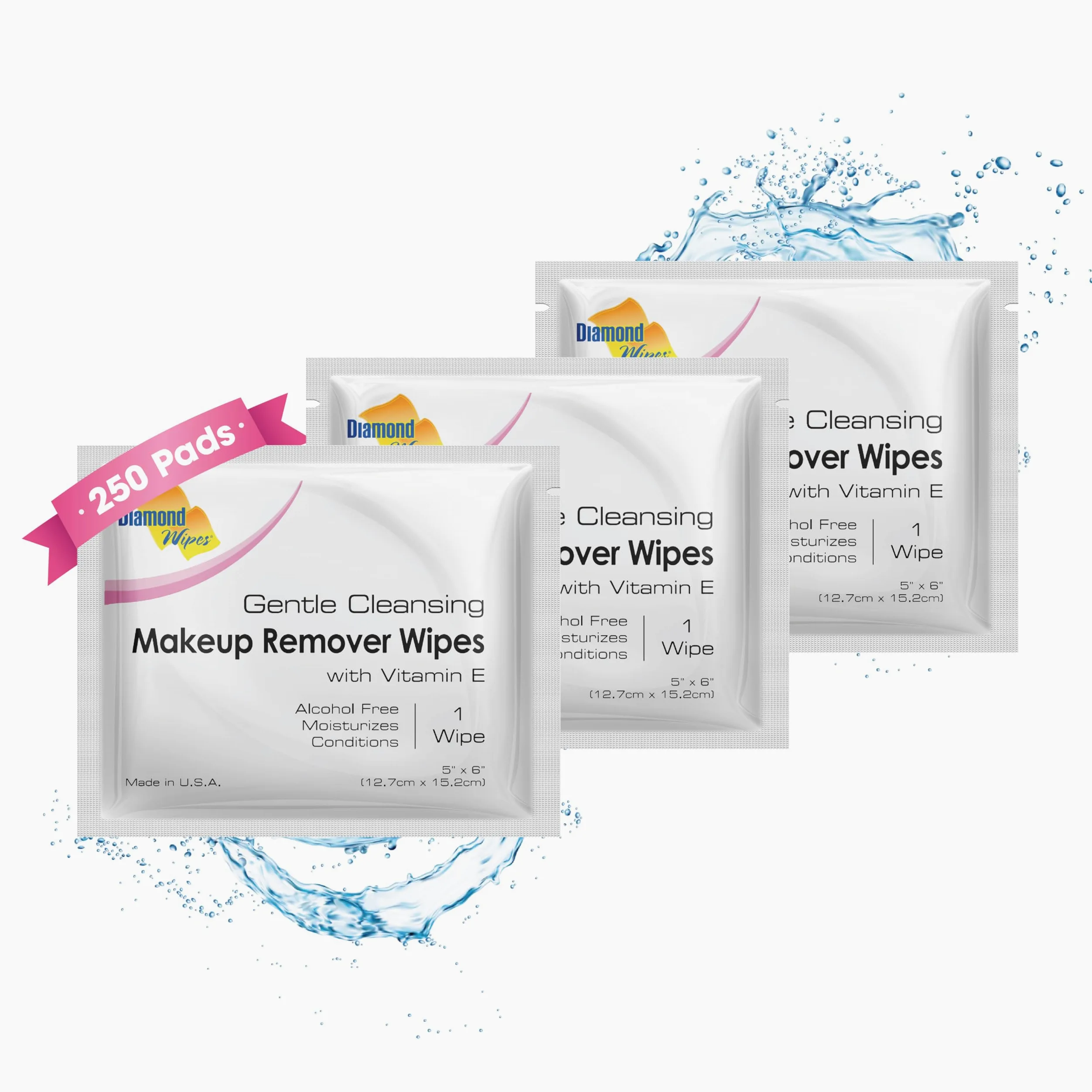 Diamond Wipes Toallitas faciales desmaquillantes resistentes al agua, caja de 250 toallitas sin alcohol y con vitamina E