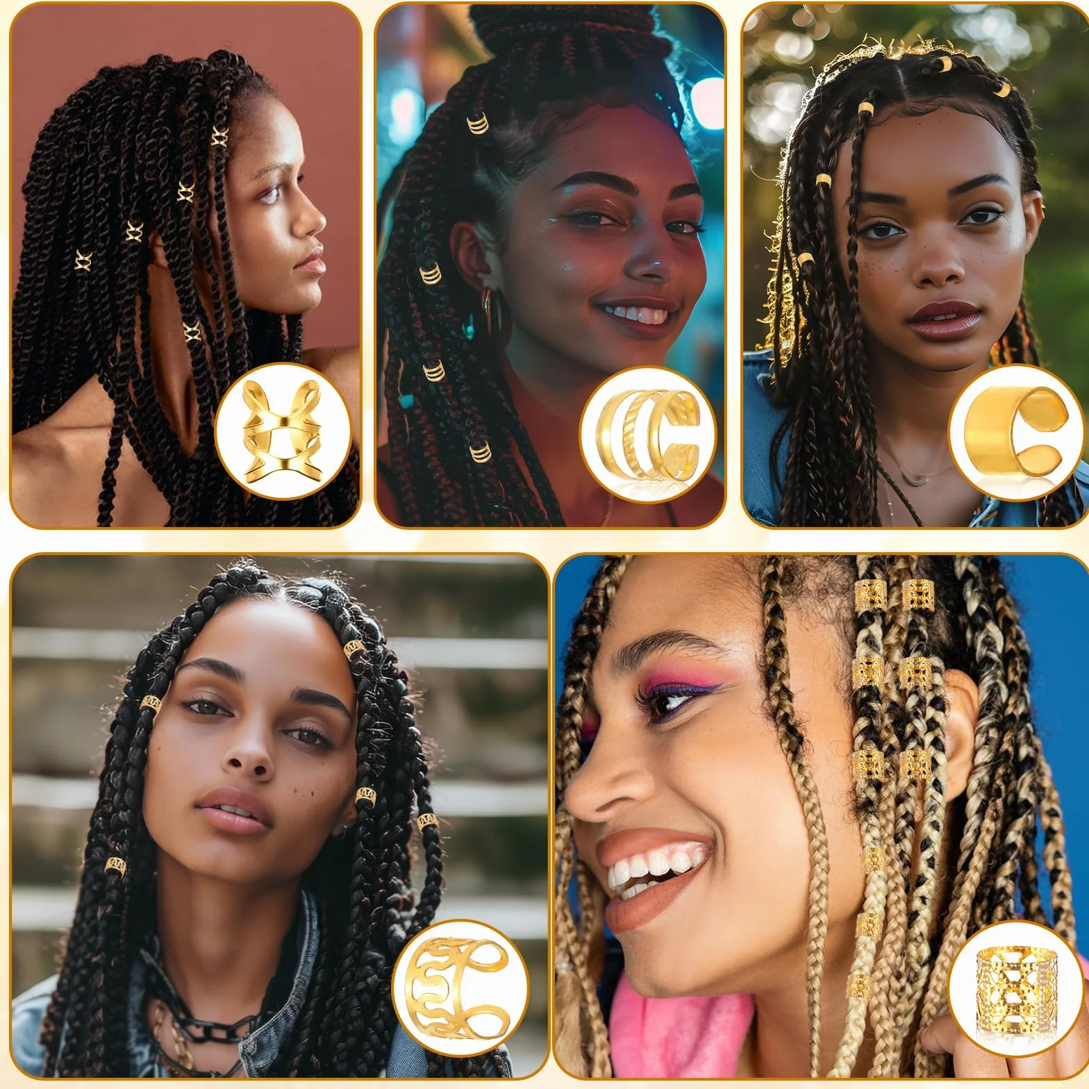 Ouligay 40 piezas joyería dorada para el cabello anillos trenzas ajustable rastas clips accesorios