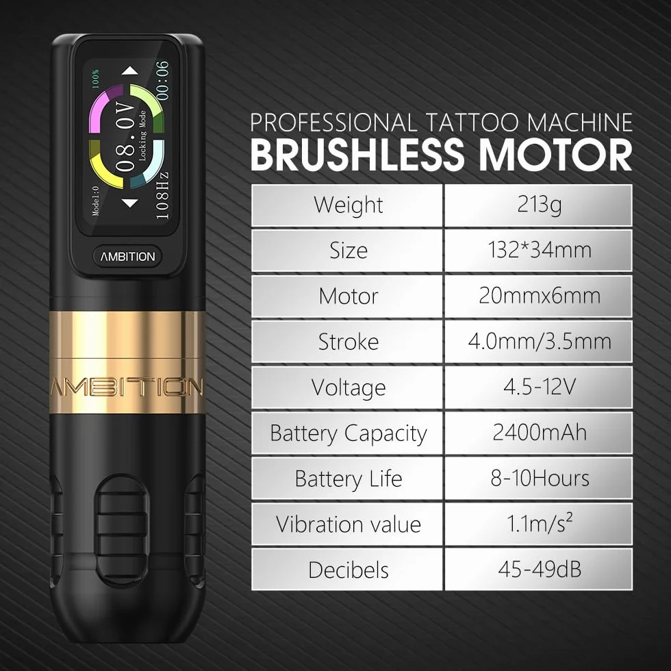 Ambition Zetton Maquina de Tatuar Rotativa Inalámbrica con Barra Directa, Carrera 4.0mm y Batería 2400mAh con Pantalla Táctil Color para Profesionales