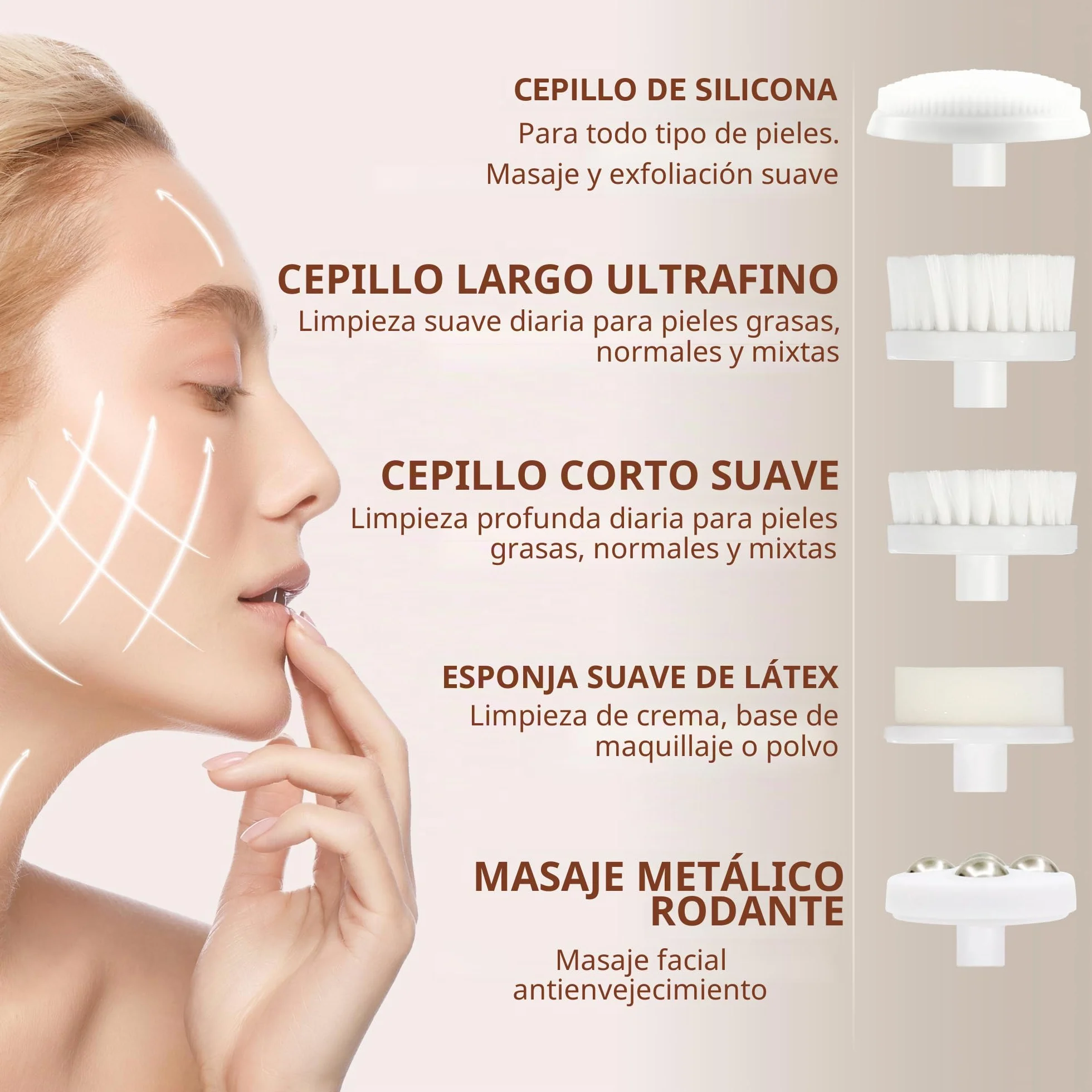 Cepillo de limpieza facial exfoliante rotación potente 7 cabezas para piel grasa mixta normal seca