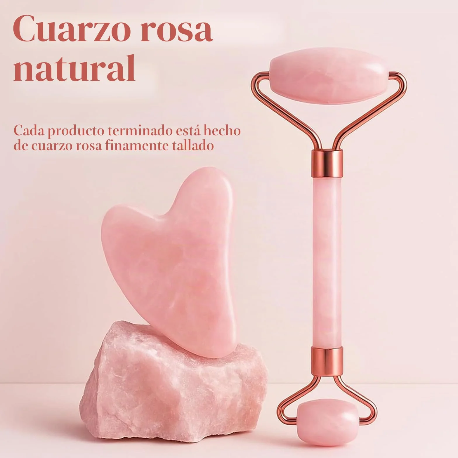 BAIMEI Gua Sha & Jade Roller, Cuarzo Rosa GuaSha, Masajeador Facial para Mujeres