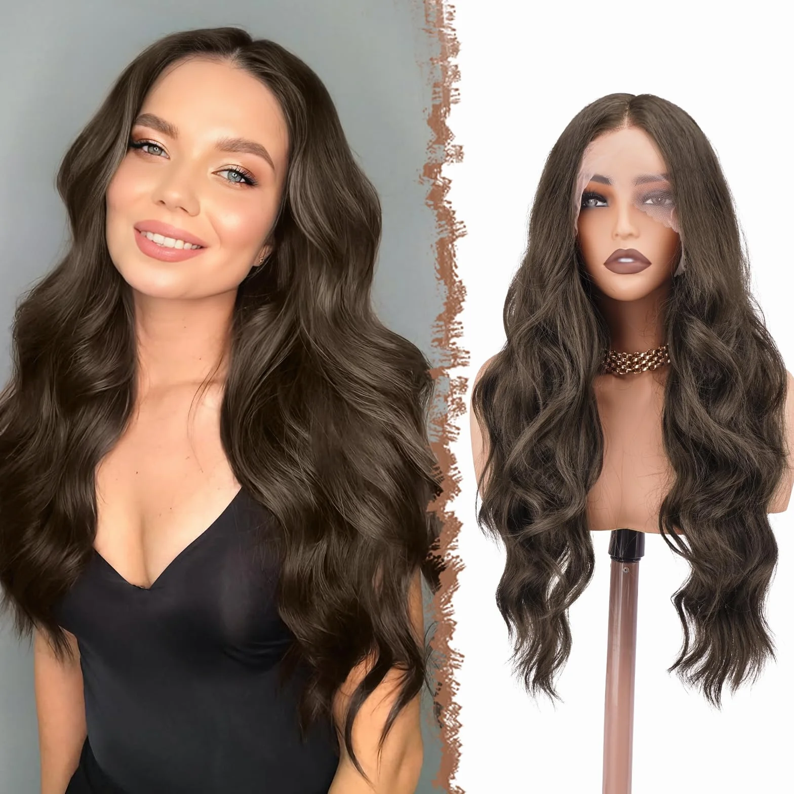 FESHFEN Peluca Lace Front pelo Natural Largas Onduladas Sintética HD Lace Marrón Medio 70 cm
