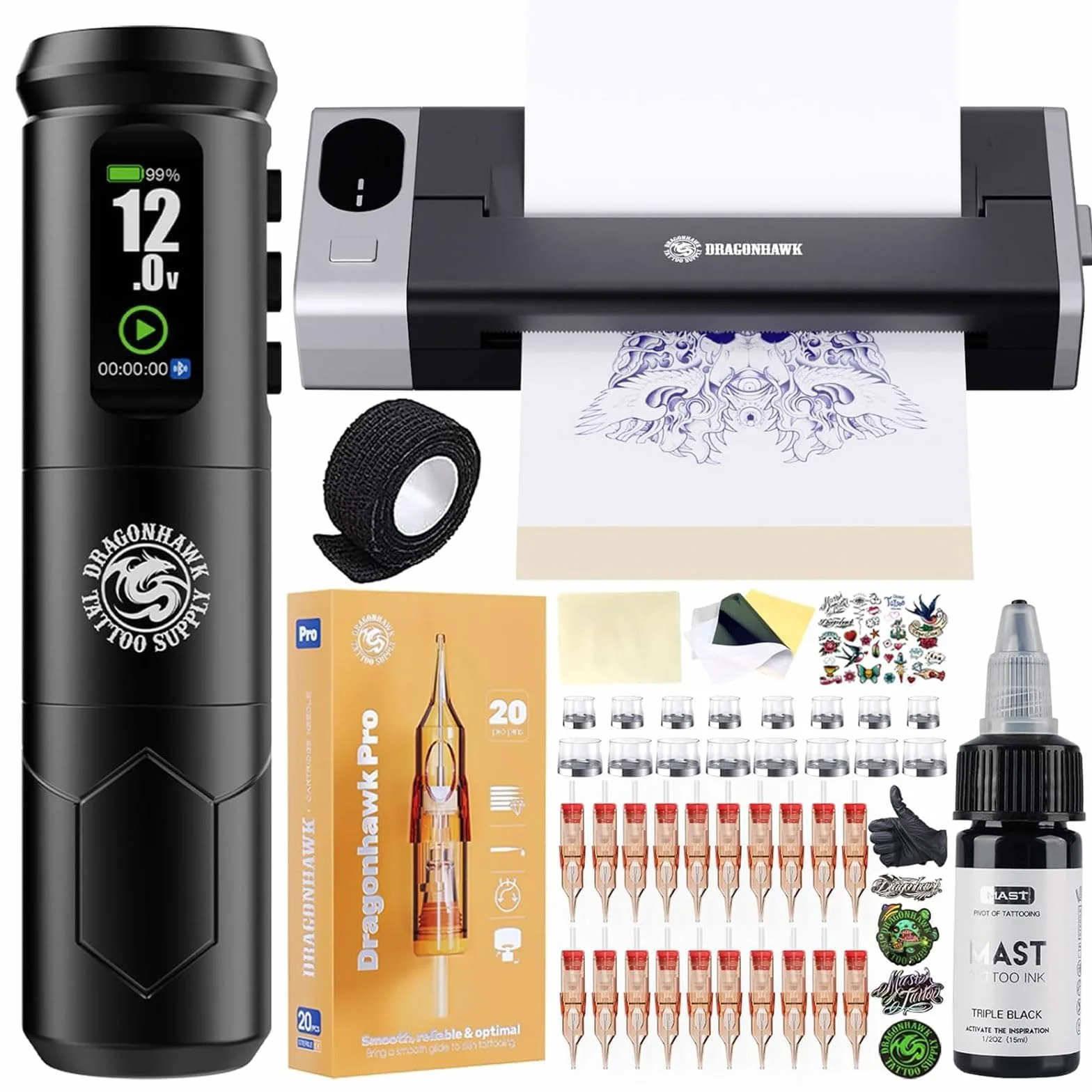 Dragonhawk A1 Pro Kit Máquina de Tatuaje Inalámbrica Rotativa 4.0mm Carrera Impresora de Stencil 20 Agujas para Principiantes