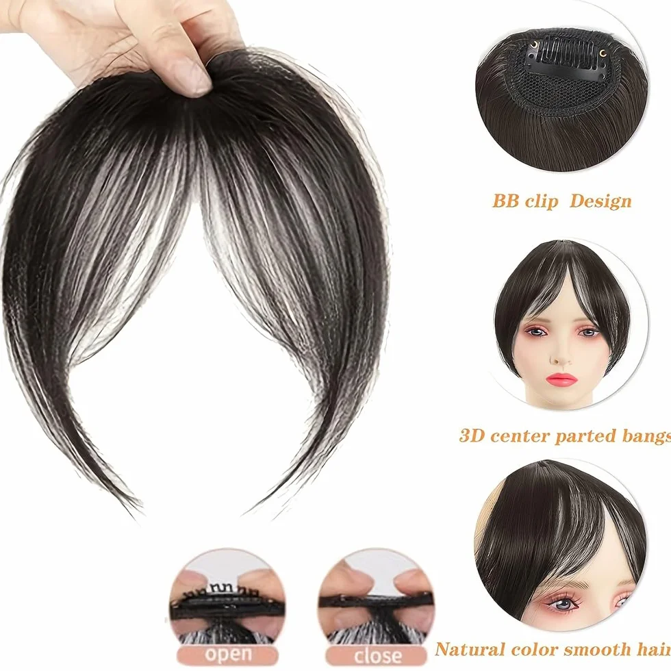 Flequillo Postizo Pelo Natural 3D Plano con Patillas Extensión Cabello Mujeres (Marrón-negro)