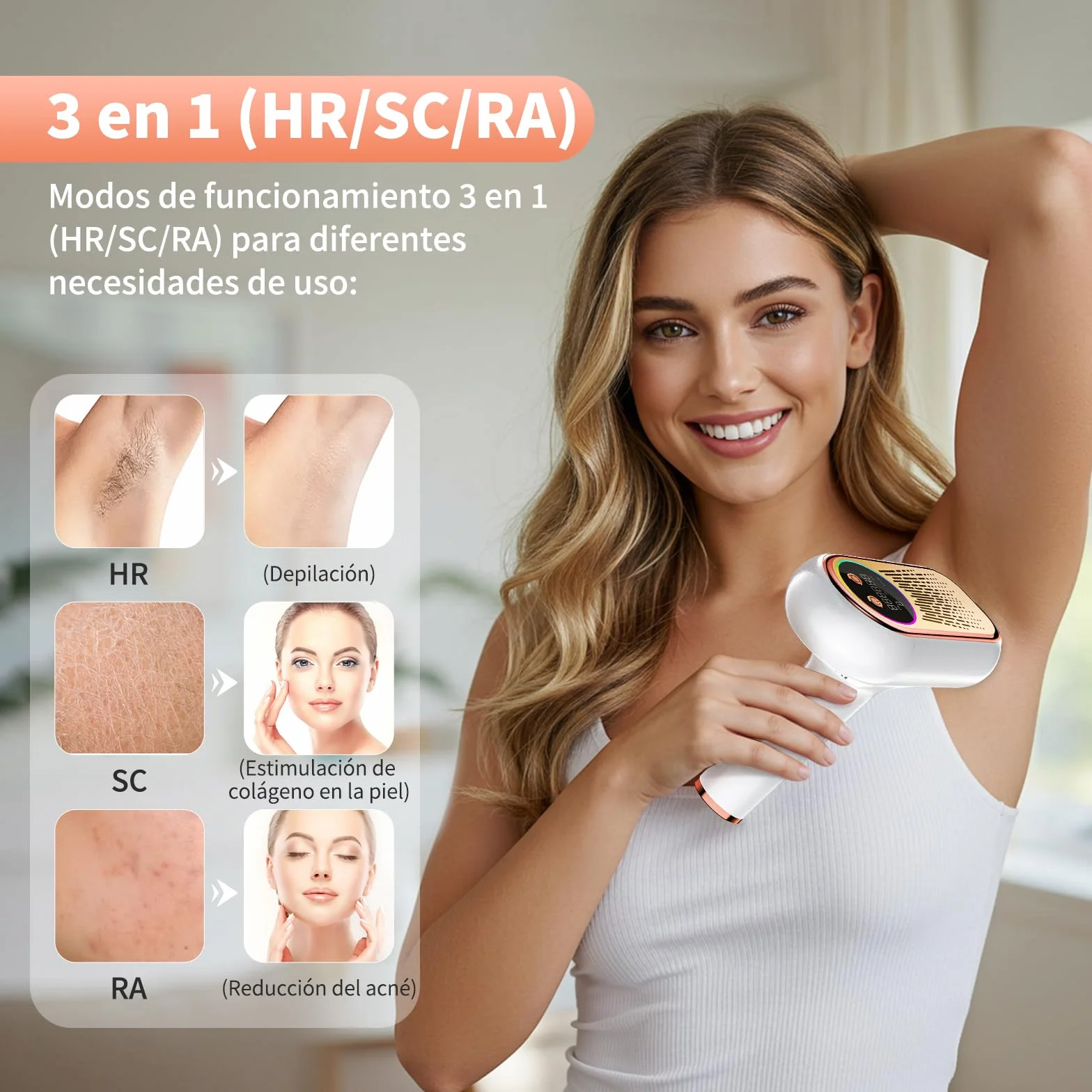 Depiladora Laser IPL 6,8cm² Gran Calibre 3 en 1 9 Niveles de Energía para Bikini Axilas Cara Cuerpo Oro Rosa