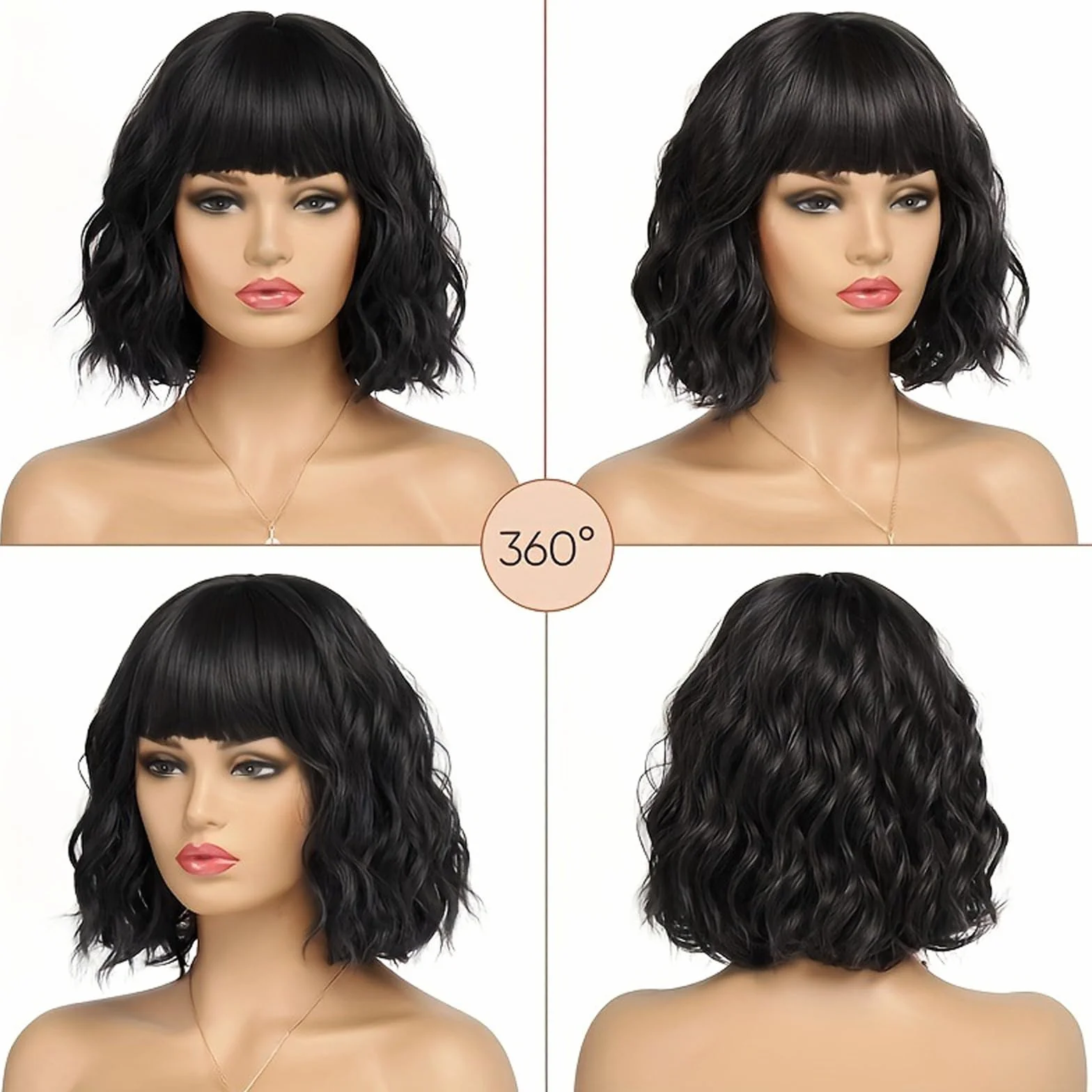 Peluca Corta Ondulada Negra con Flequillo Bob para Mujer, Pelo Sintético Rizado para Fiestas