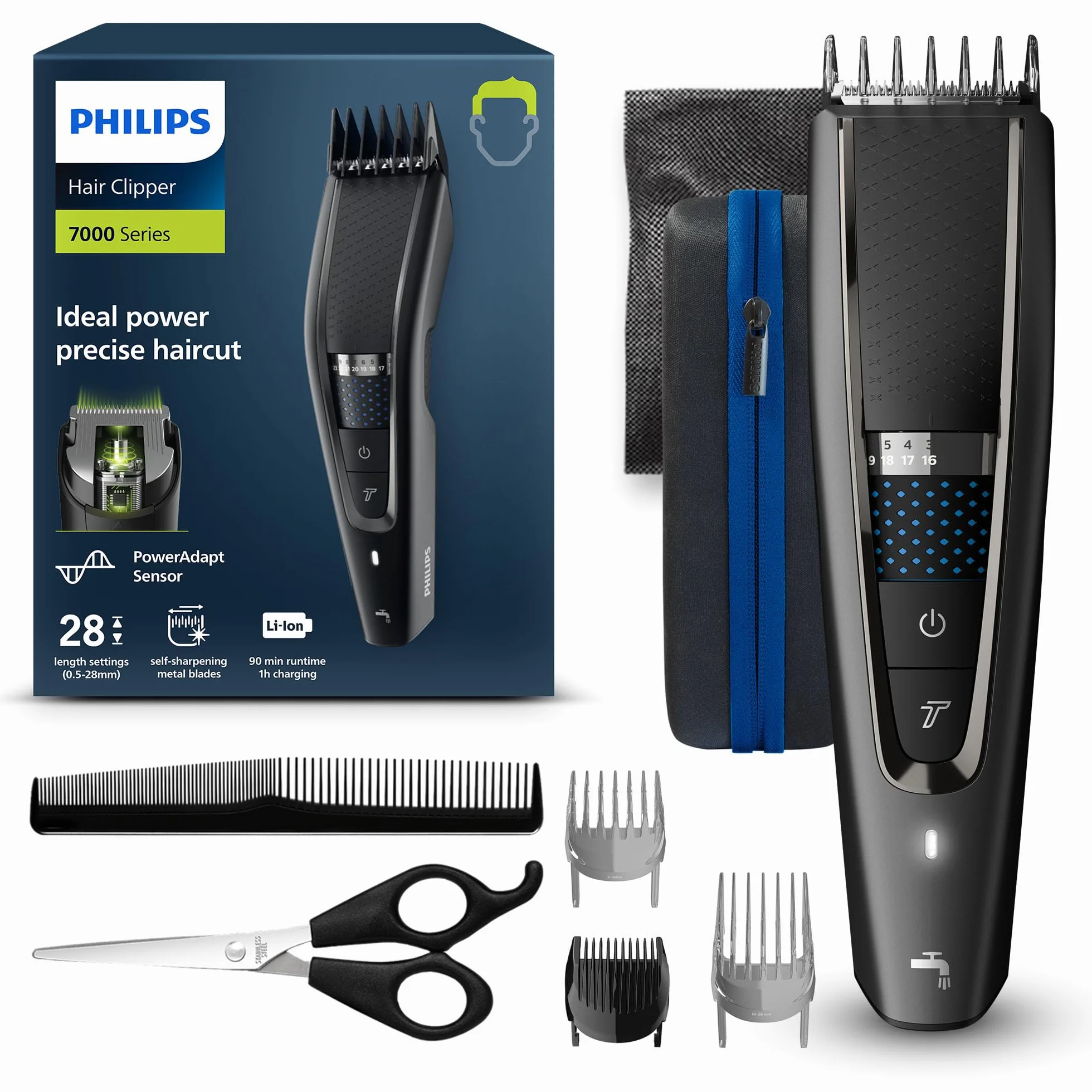 Philips Cortapelos con cuchillas de titanio, 3 Peines guía, 28 Ajustes de longitud, 90 min uso sin cable, Negro