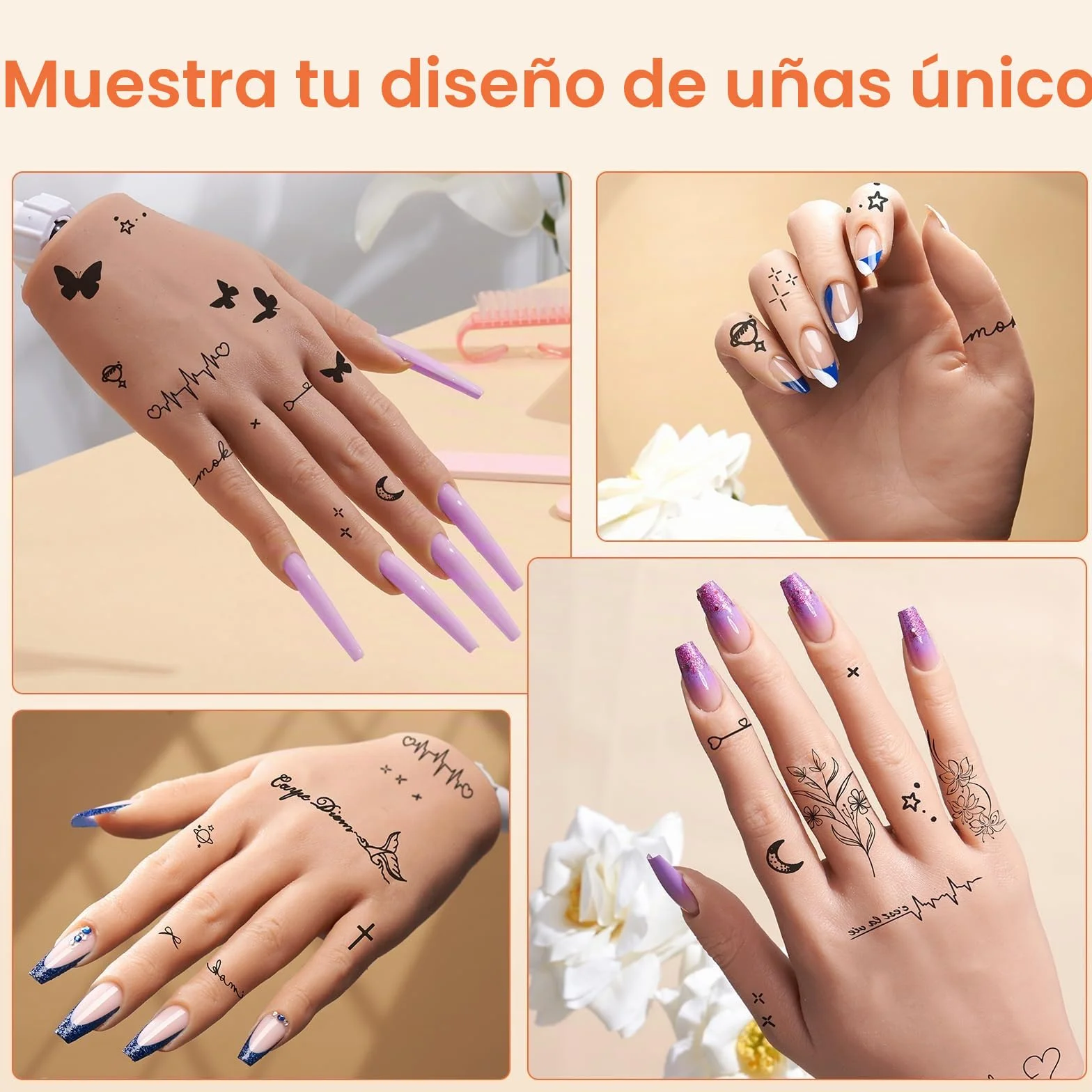 Deciniee Mano para Practicar Uñas: Silicona Mano de Practicas de Uñas Con 240 Puntas De Uñas/5PCS Set de Nail Art Cepillo/Archivo De Uñas – Manicura De Uñas