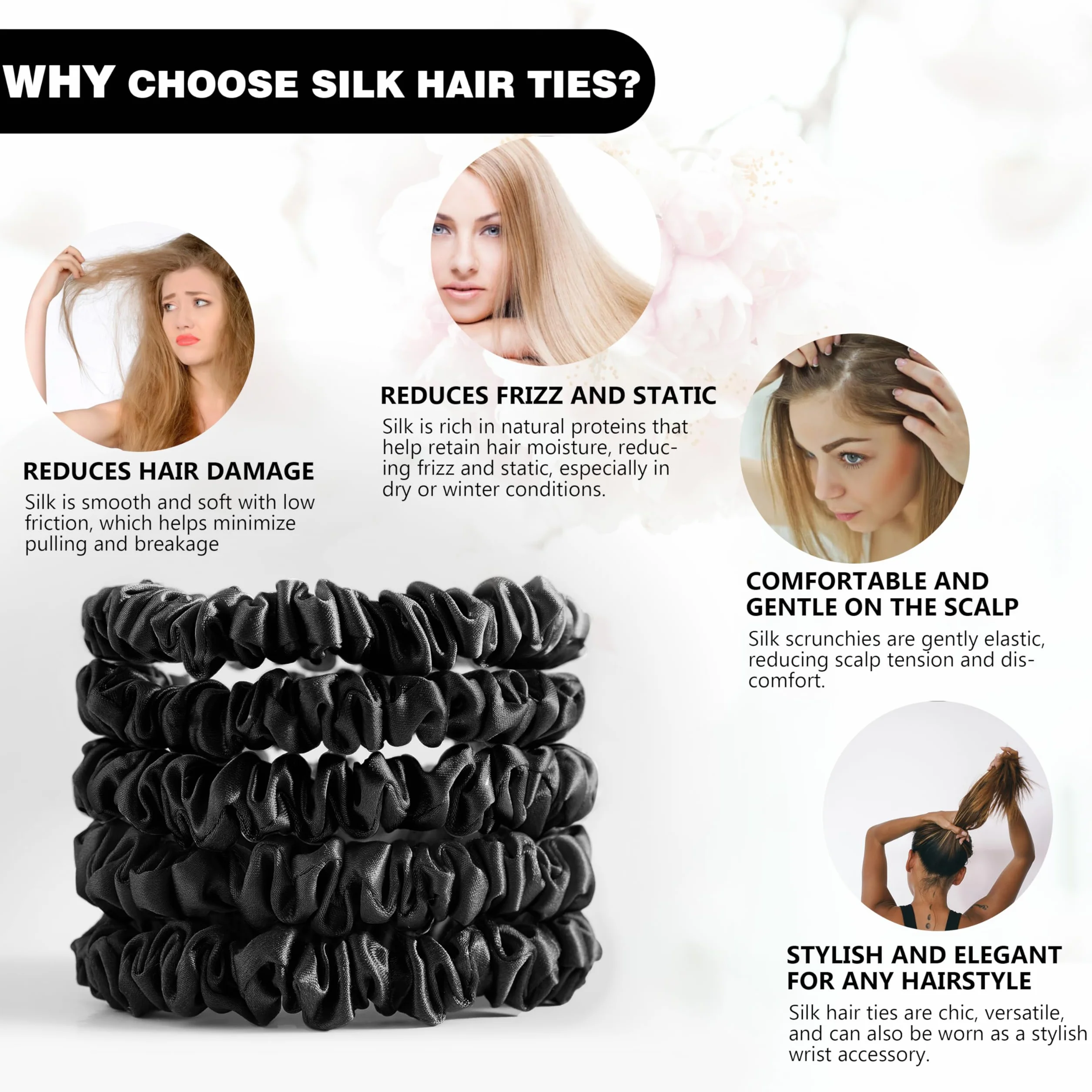 Townssilk 22 Momme Pure Silk Scrunchies Paquete de 5 para mujeres - Negro