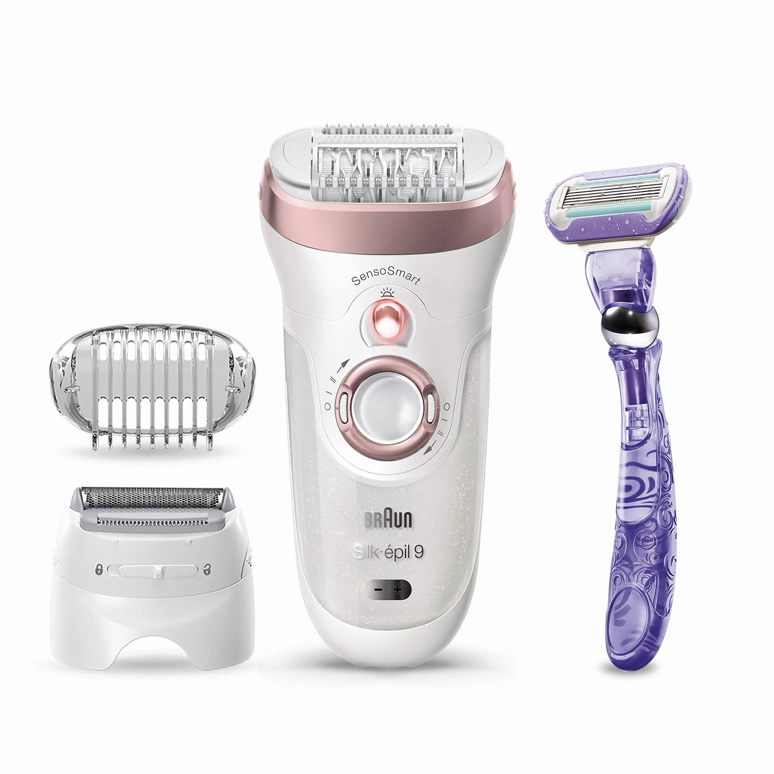 Braun Silk-épil 9 9-870 Depiladora Mujer Eléctrica para Depilación Duradera, Incluye Maquinilla Venus, Capuchón de Masaje, Cabezal de Rasurado y Recorte, Blanco/Oro Rosa