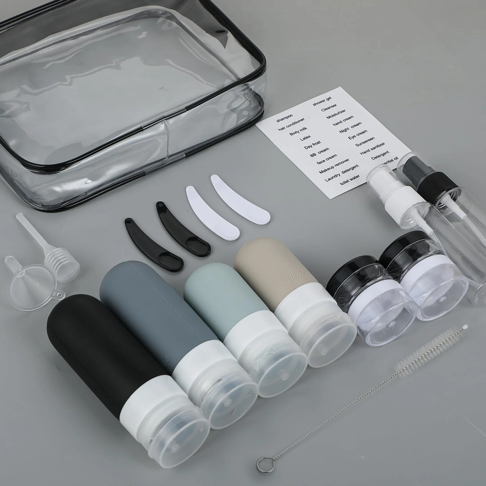 Kit de Viaje Botes Rellenables de Silicona Set de 17 a Prueba de Fugas Negro