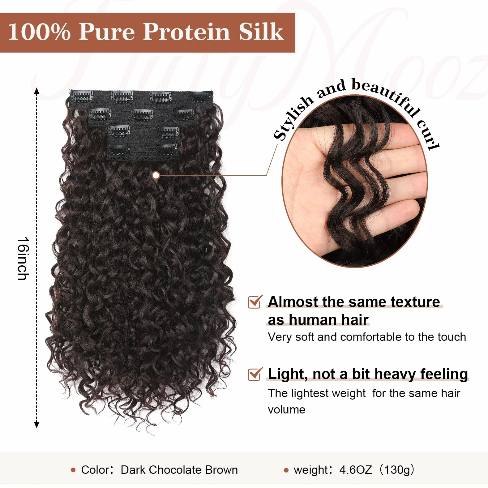 Extensiones de pelo con clip 4 piezas 100% seda de proteínas puras 40 cm rizadas color marrón oscuro