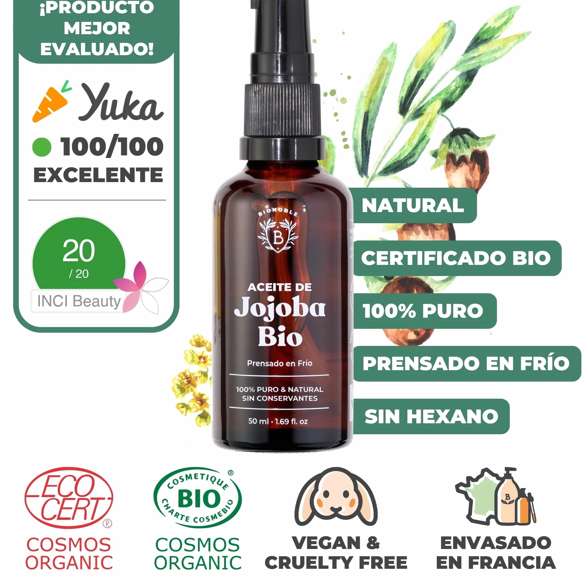 BIONOBLE Aceite de Jojoba 100% Puro Orgánico Prensado en Frío 50ml