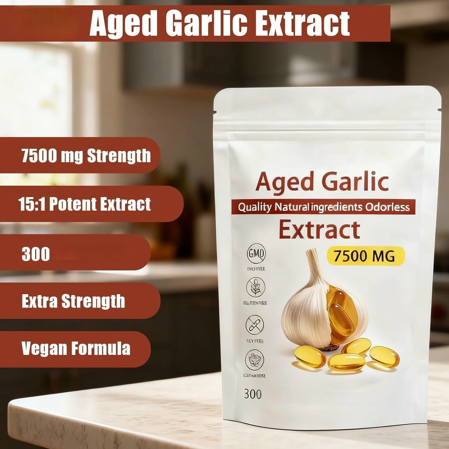 Aged Garlic Extract - 7500mg Odorless Organic Garlic Extract, Vegetarian, Non-GMO, 300pcs ,300pcs