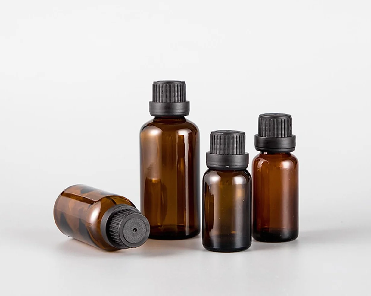 Frascos de vidrio ámbar vacíos 20 ml para aceites esenciales con reductor y tapas negras