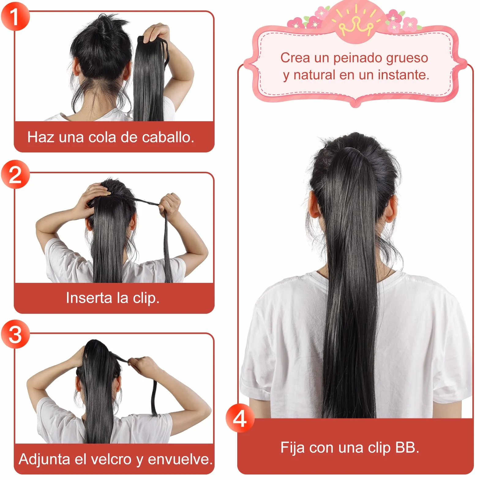 Coleta Postiza Extensiones Pelo Natural 70 cm Liso Cabello Sintético para Mujeres