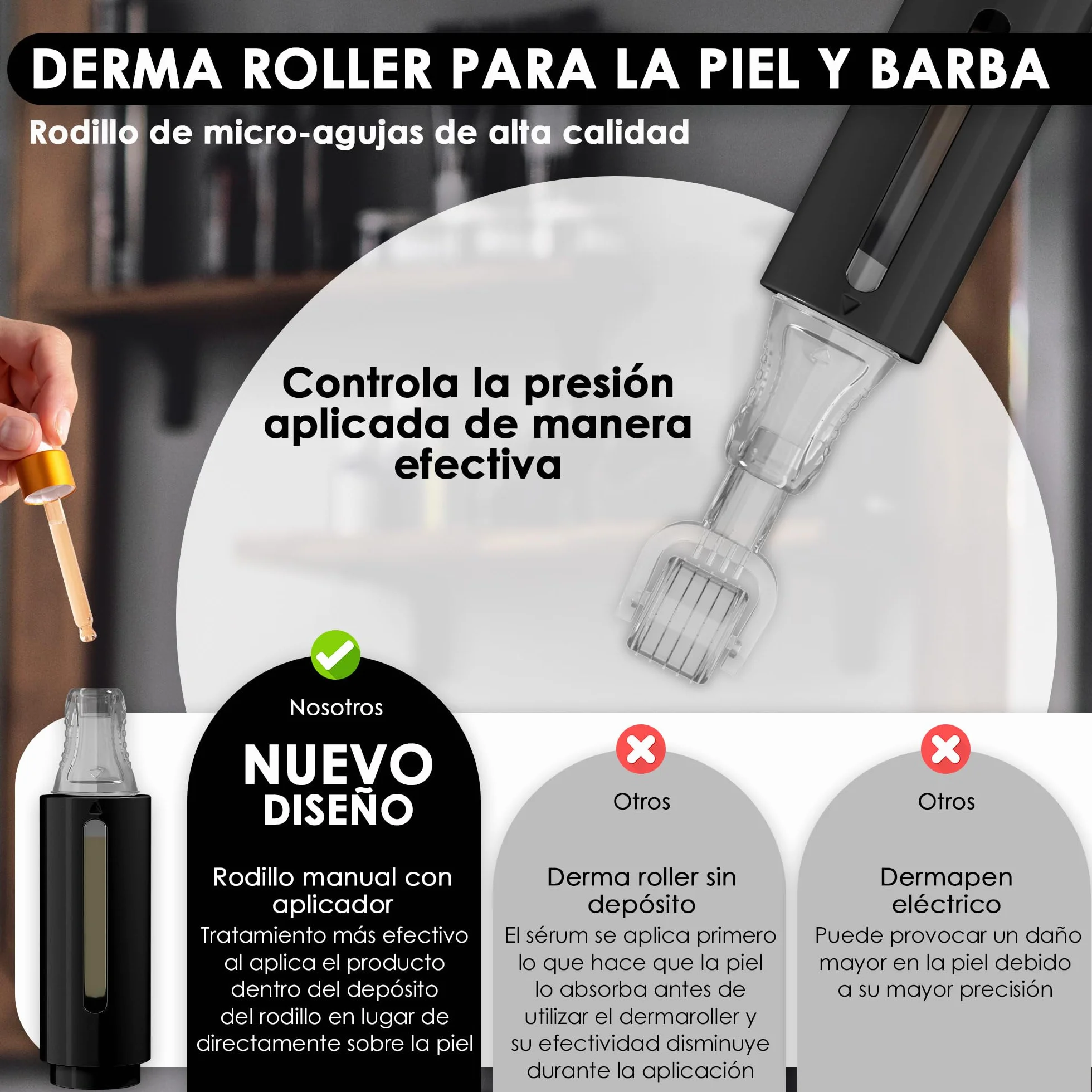 HAMINOS Derma Roller 0,5 mm con Depósito para Cabello, Barba, Piel, 105 Agujas de Titanio