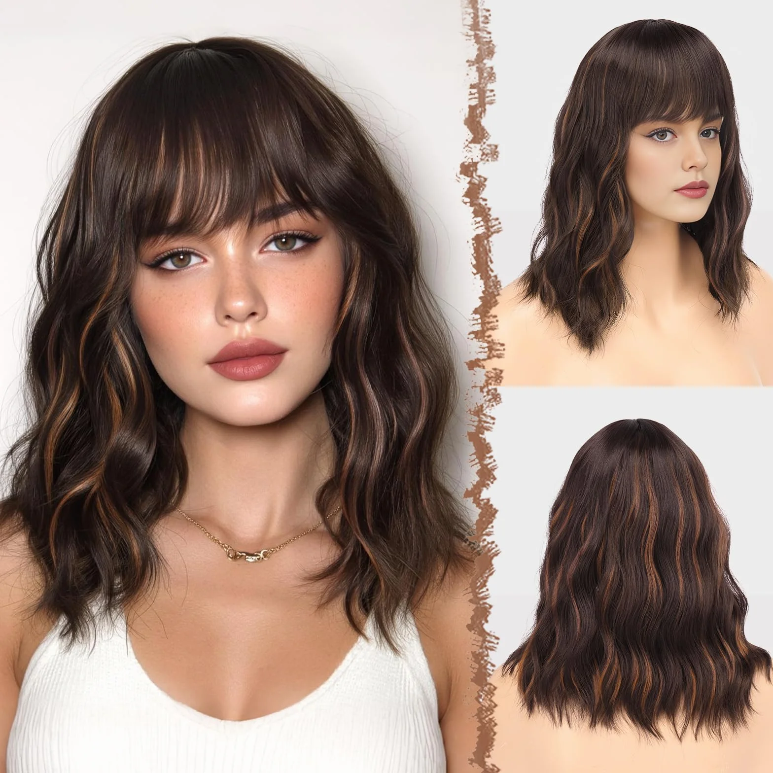 FESHFEN Peluca Bob Rizada Castaño Oscuro Ondulado con Flequillo 35 cm para Mujer