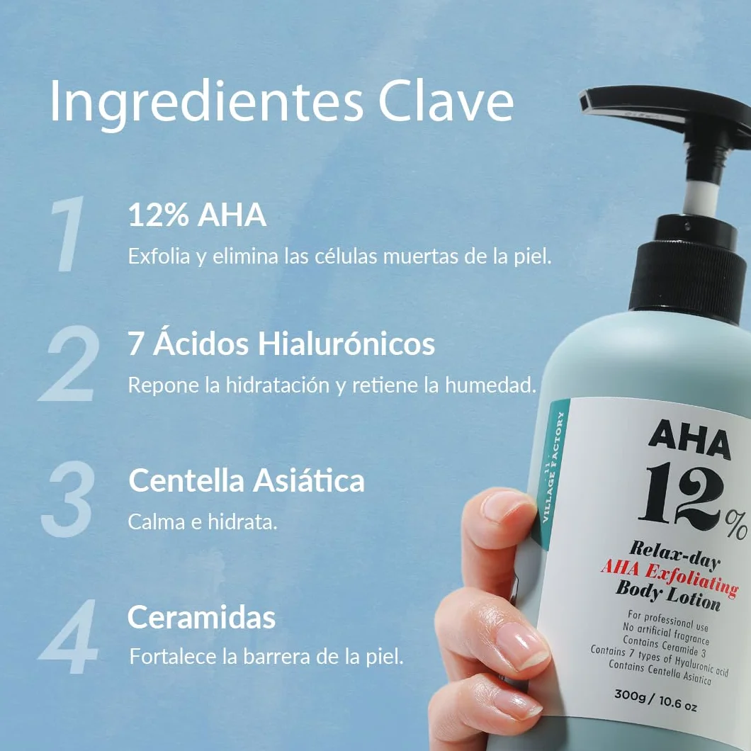VILLAGE 11 FACTORY Loción Corporal con Ácido Glicólico AHA 12% 300g Exfoliante Sin Perfume Sin Parabenos
