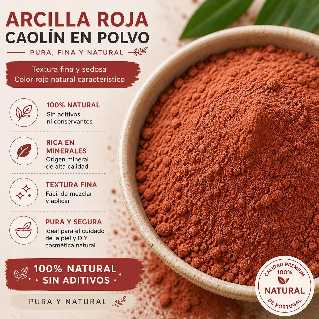 Arcilla Roja Cosmética en Polvo 100% Natural Portugal – Cuidado Facial y Corporal, Jabones DIY – 100 g