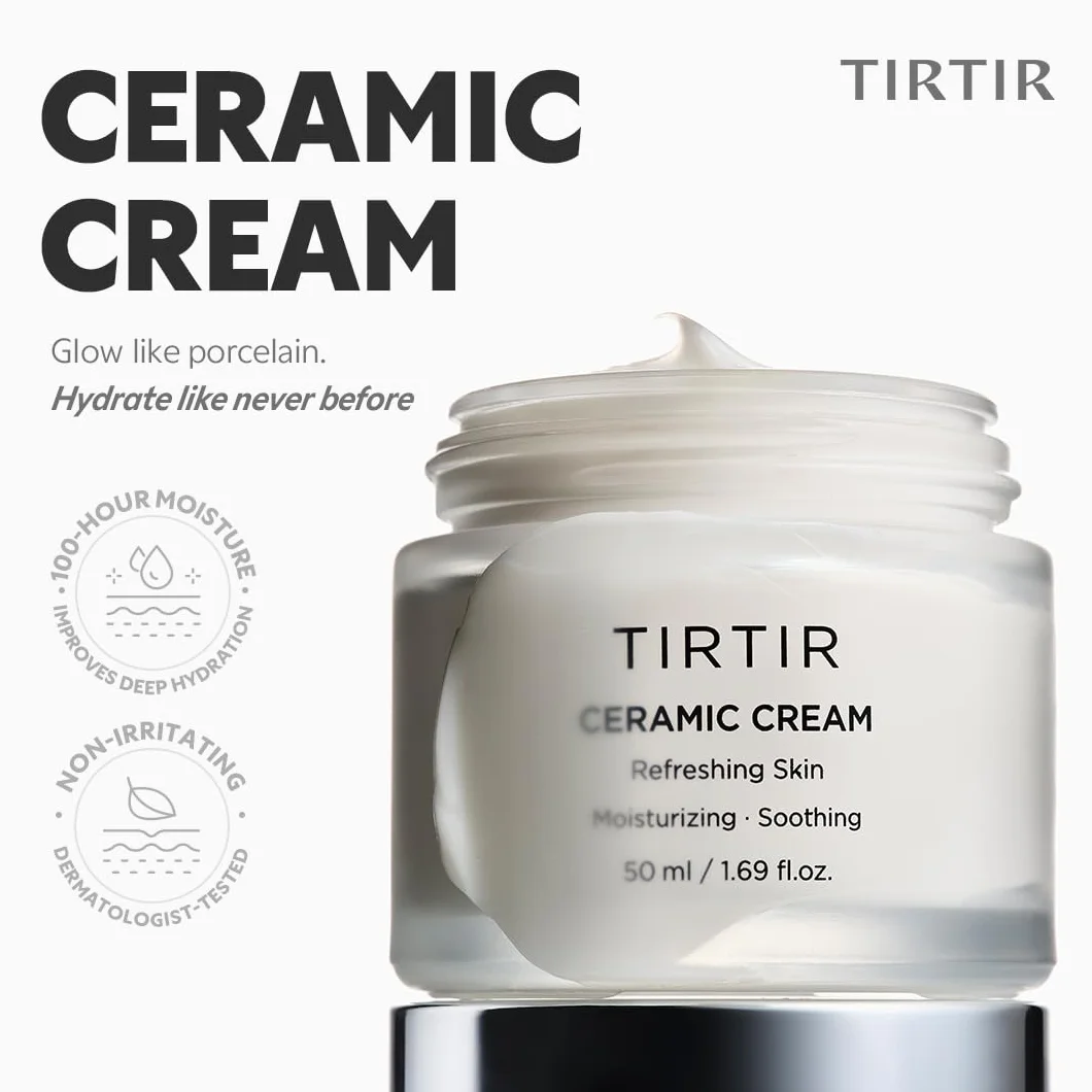 TIRTIR Crema Hidratante Profunda De Ceramida Natural Para Piel De Vidrio, Ácido Poliglutámico, Ligera Y Suave, Ingredientes Derivados De La Naturaleza, 3.38 Onzas Líquidas (Paquete De 1)