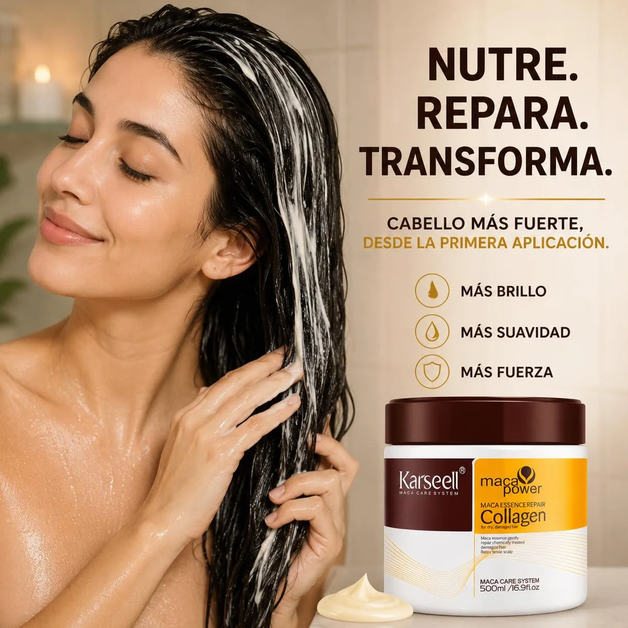 Karseell MACA CARE SYSTEM Mascarilla Capilar Profesional Colágeno Aceite Argán Coco Aguacate Keratina Karité Reparadora 500ml