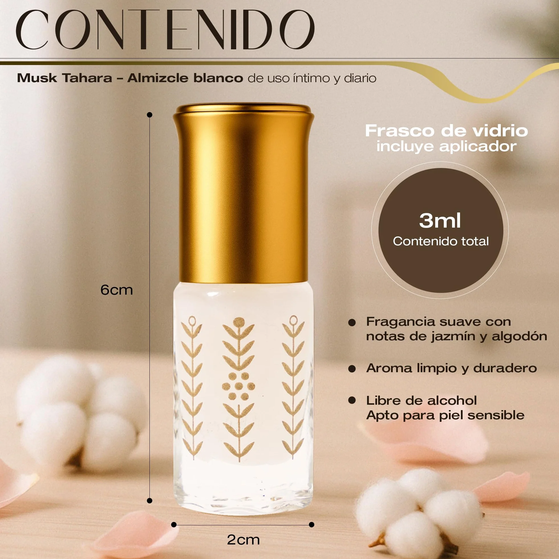 Musk Tahara 3ml | Almizcle Blanco, Aceite Esencial para Purificación después de la Menstruación, Perfume Árabe Mujer, Libre de Alcohol y Apto para Piel Sensible, Textura Cremosa