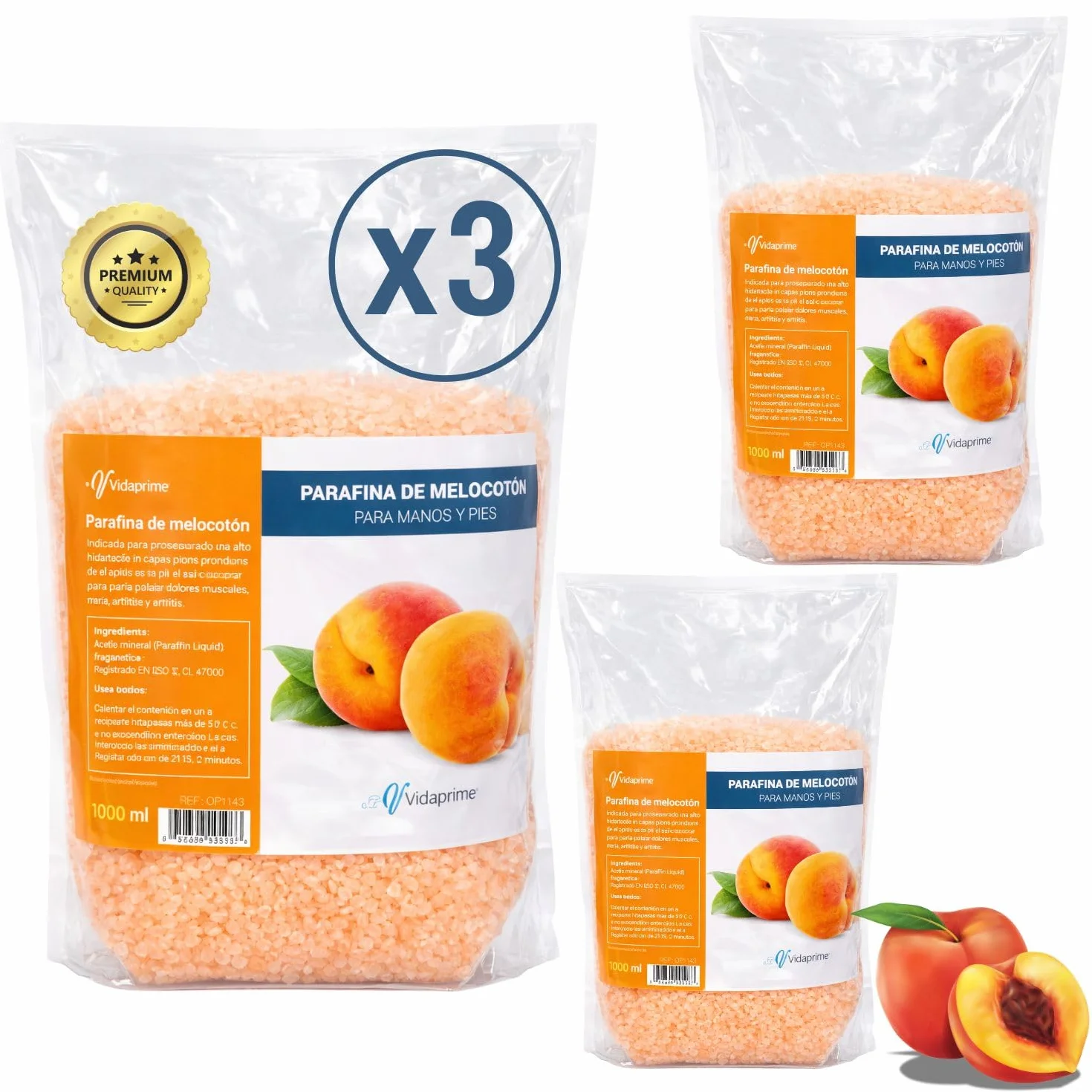 Parafina Manos y Pies Profesional Pack 3 x 3000ml - Parafina Rehabilitación Melocotón Antioxidante - Baños Hidratante para Artritis Artrosis