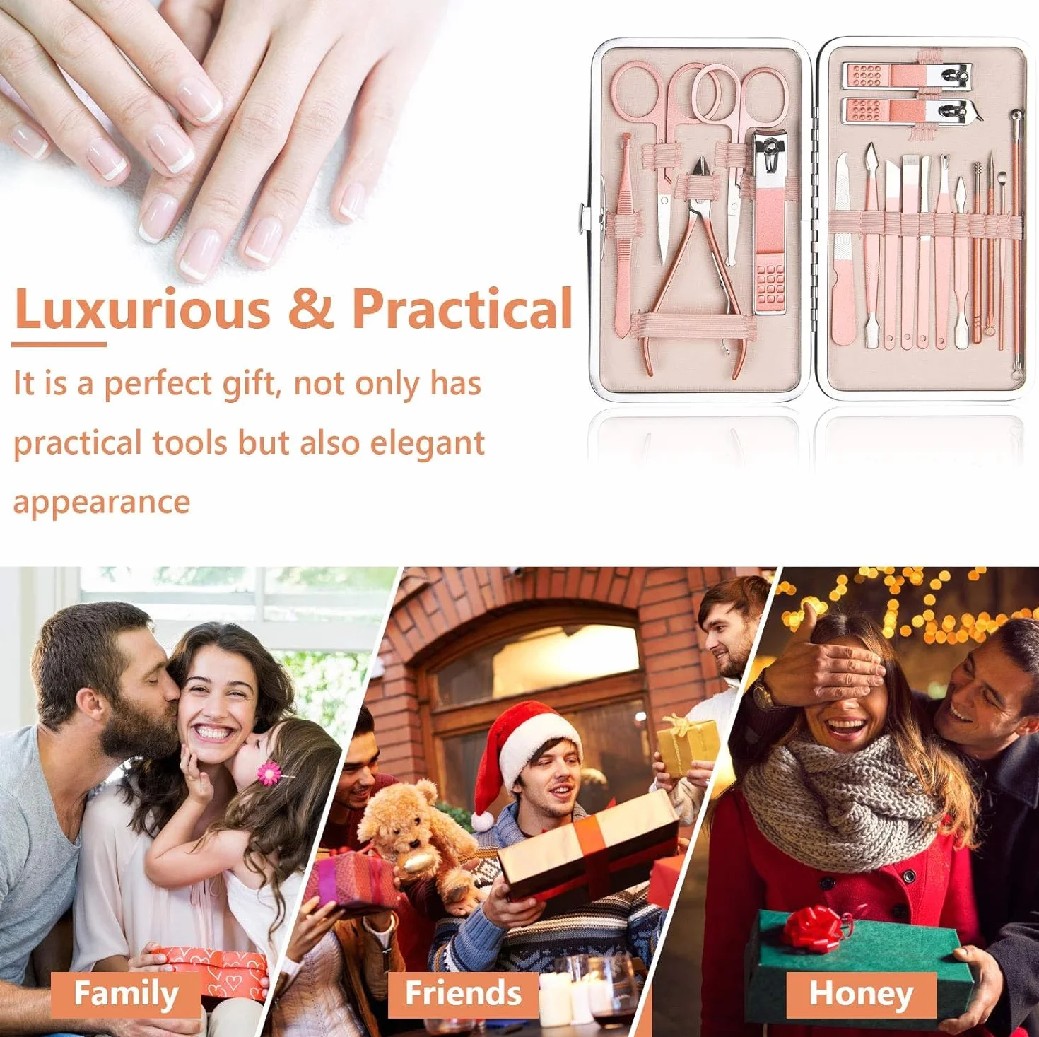Set de Manicura y Pedicura 18 Piezas, Cortaúñas Acero Inoxidable con Caja de Cuero, Oro Rosa