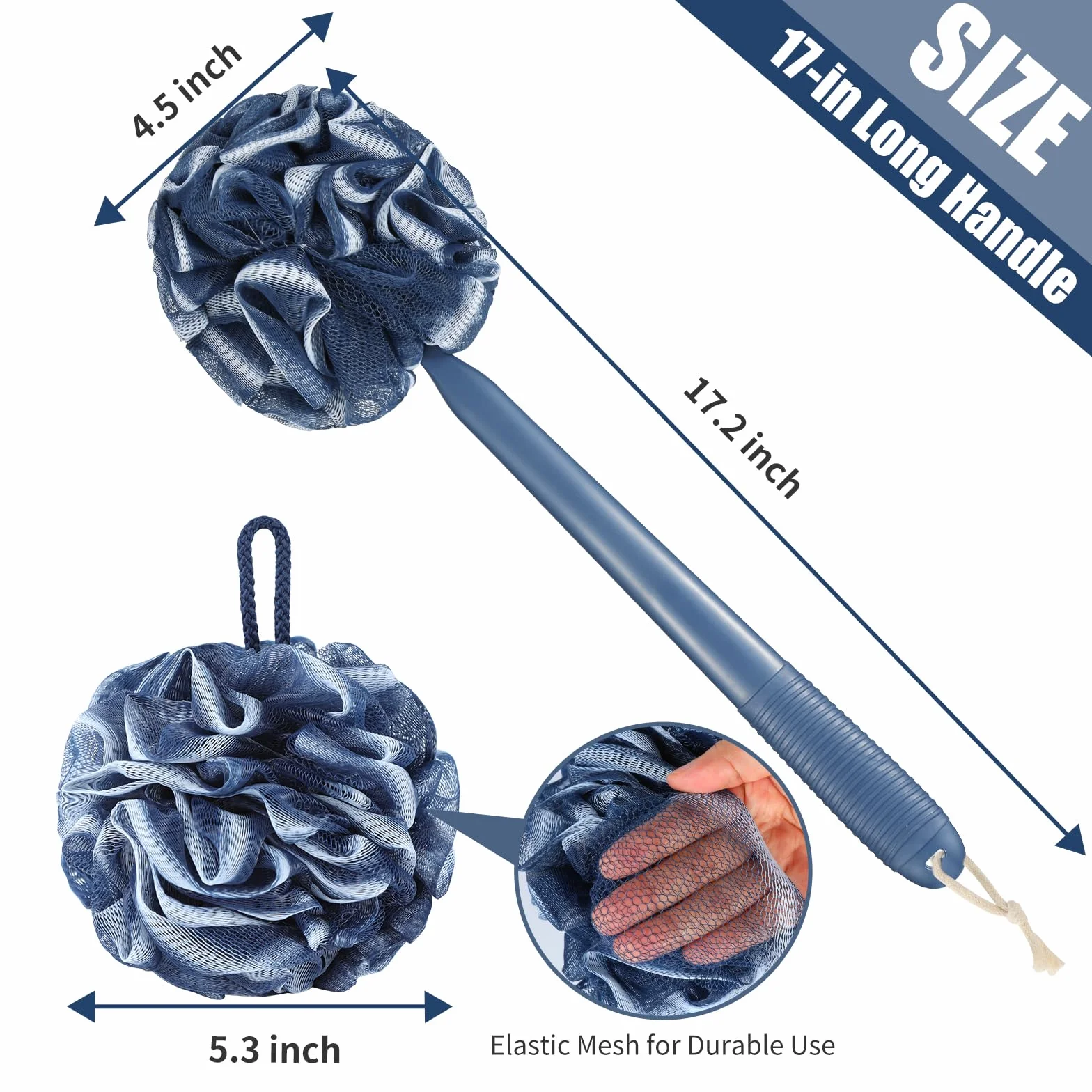 VANZAVANZU Juego de Esponjas de Lufa Exfoliante 43 cm Mango Antideslizante de Plástico Esponja Esponjosa de Malla Suave PE para Ducha Azul oscuro