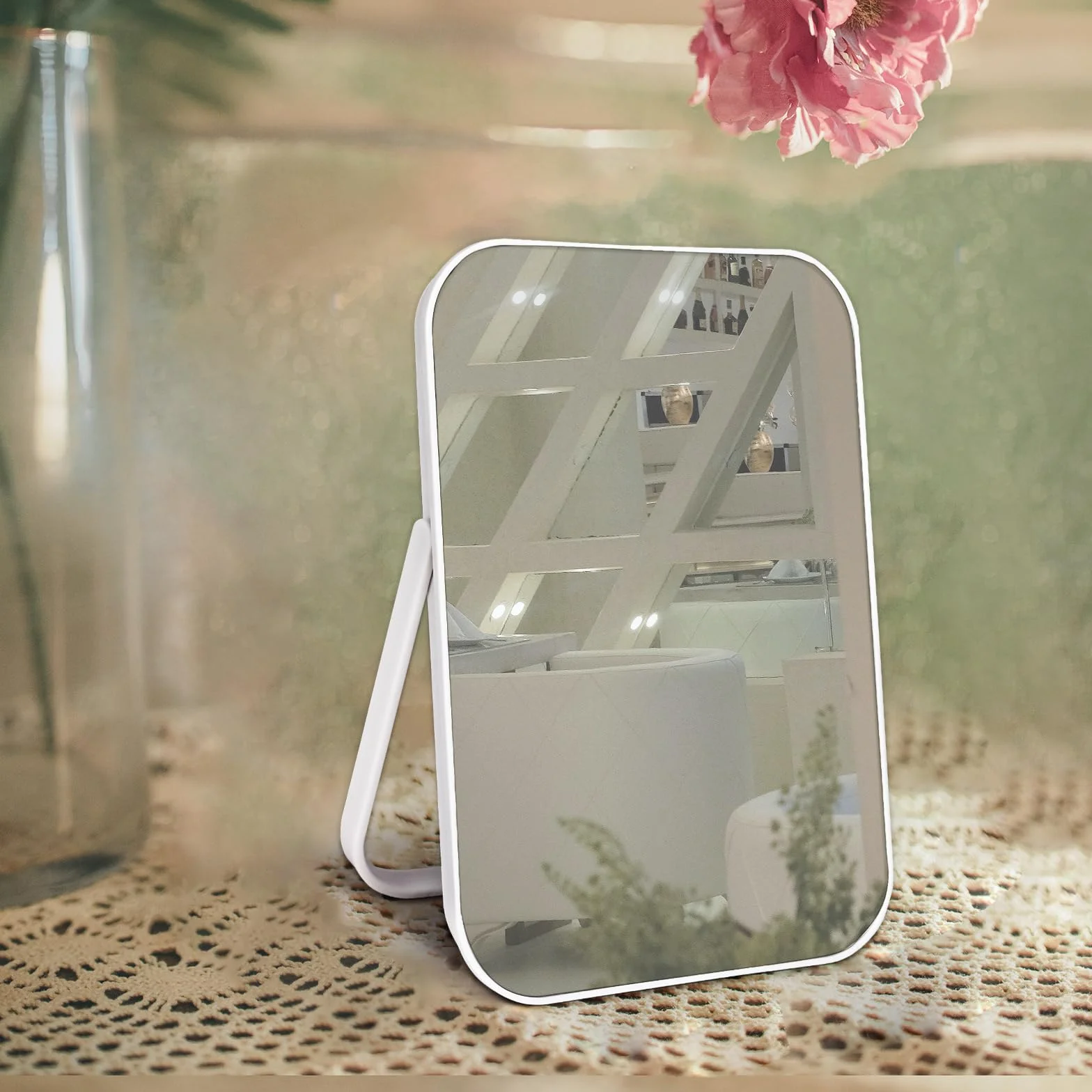 Espejo de maquillaje portátil 8 pulgadas soporte ajustable 180° blanco