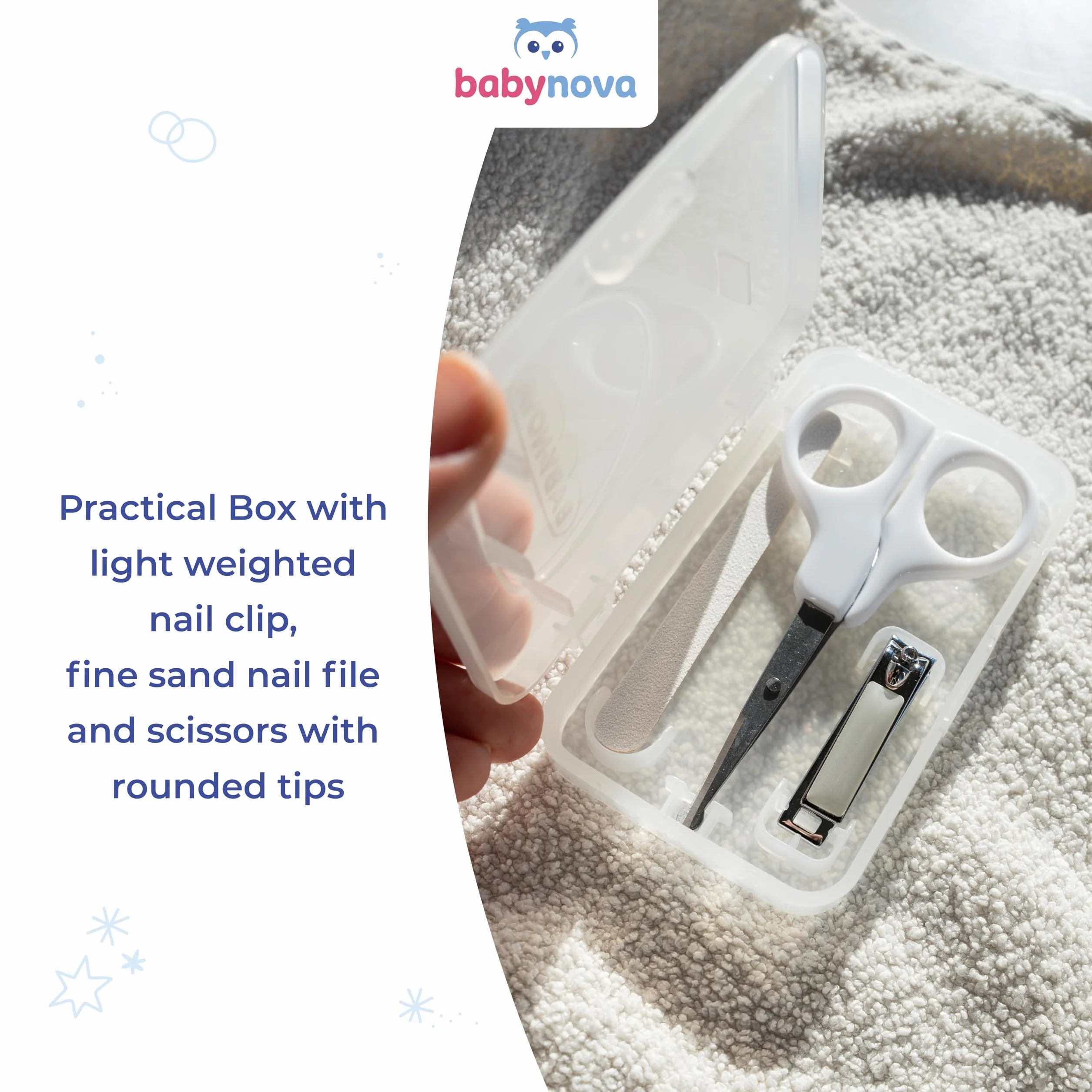 Babynova Set de Manicura para Bebés – Kit de Cuidado de Uñas Seguro con Tijeras de Punta Redondeada, Cortauñas y Lima, Caja de Almacenamiento Sin BPA