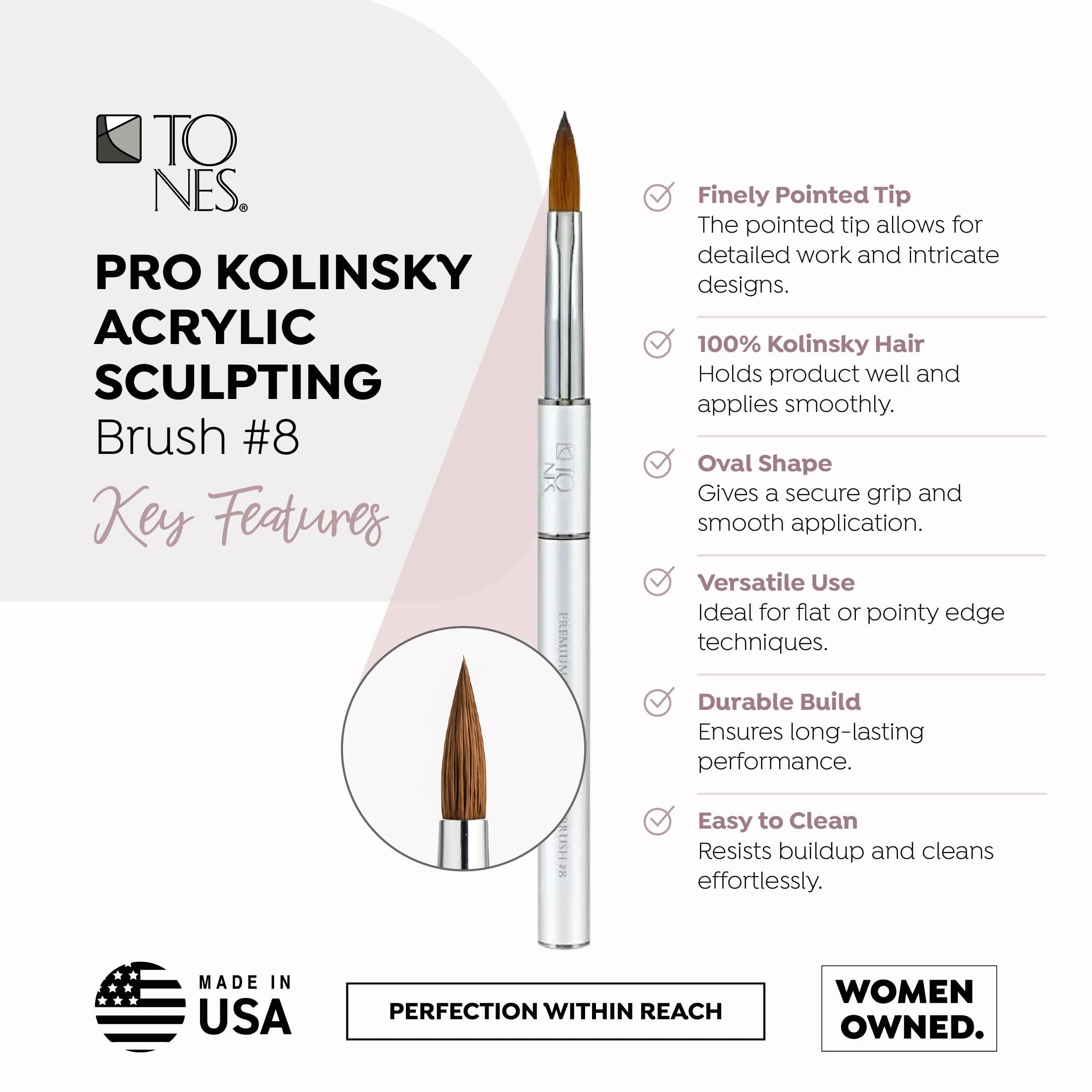 Tones Maestro Kolinsky - Brocha para esculpir 100% pelo de marta Kolinsky para uñas acrílicas, ultra precisa para escultura de uñas y pincel 3D para arte de uñas (#8)