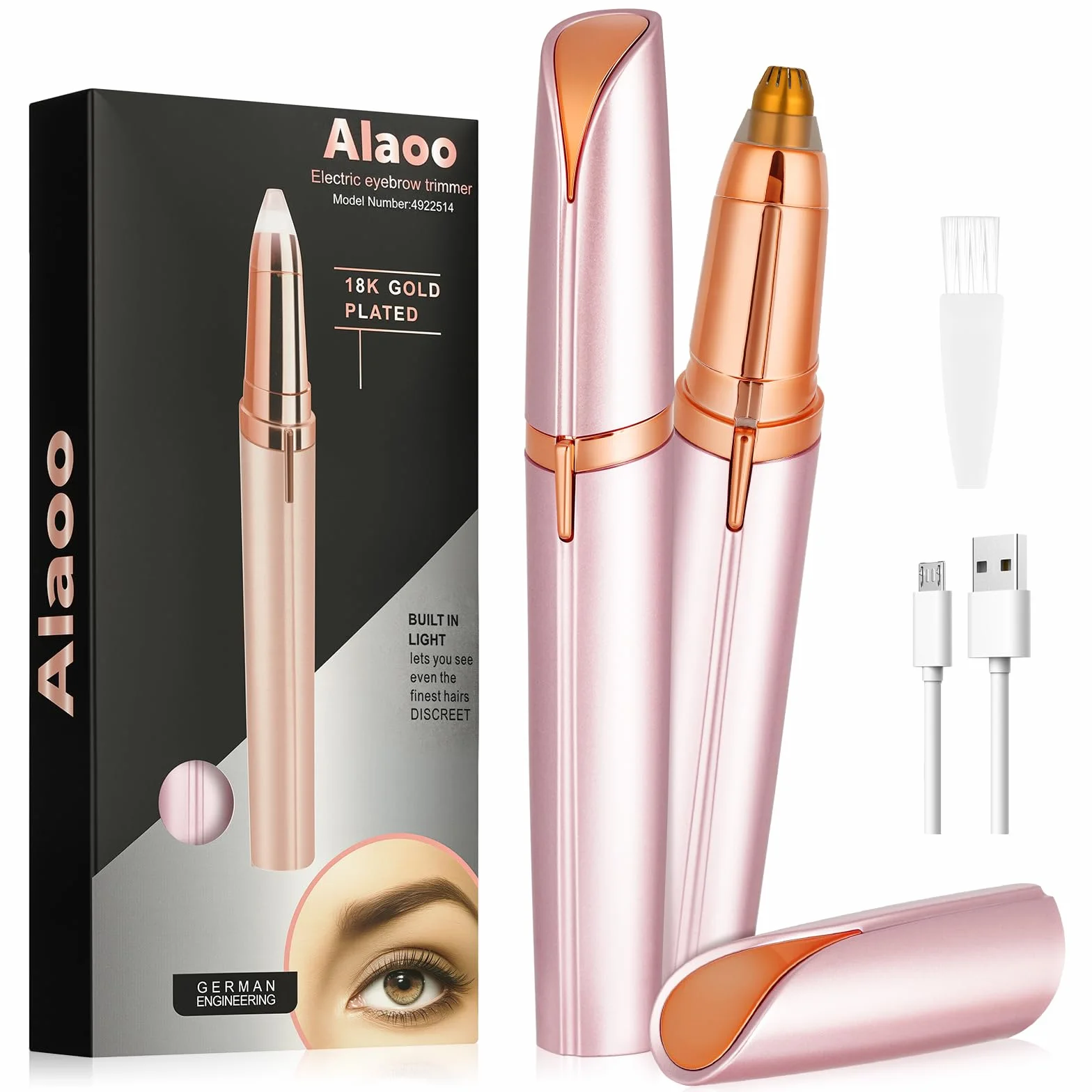 Depiladora Facial Mujer, Depiladora Cejas Mujer Eléctrica, Sin dolor Eléctrica Removedor de Vello Facial, Portátil, USB Recargable y Luz LED, para Cara Nariz Labio (Oro rosa)