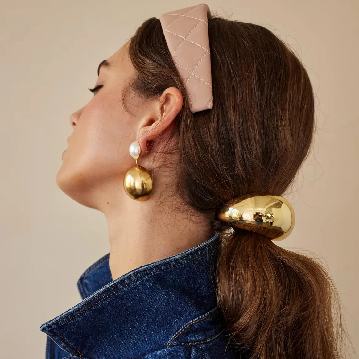 Lazos para el pelo de acero inoxidable, oro de 18 quilates, gruesos, coletas para mujer, brillantes soportes elásticos para coleta, accesorios geométricos dorados y plateados (tamaño grande dorado)