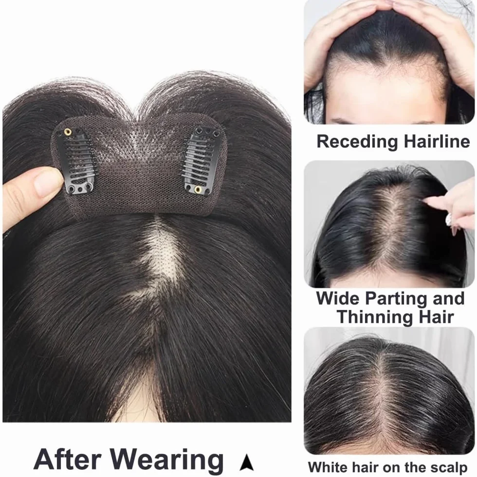 Topper para cabello humano 8x11 cm Base de encaje suizo Posticci atado a mano transpirable ajustable con raya para mujeres con cabello delgado Extensiones de pelo (marrón oscuro)